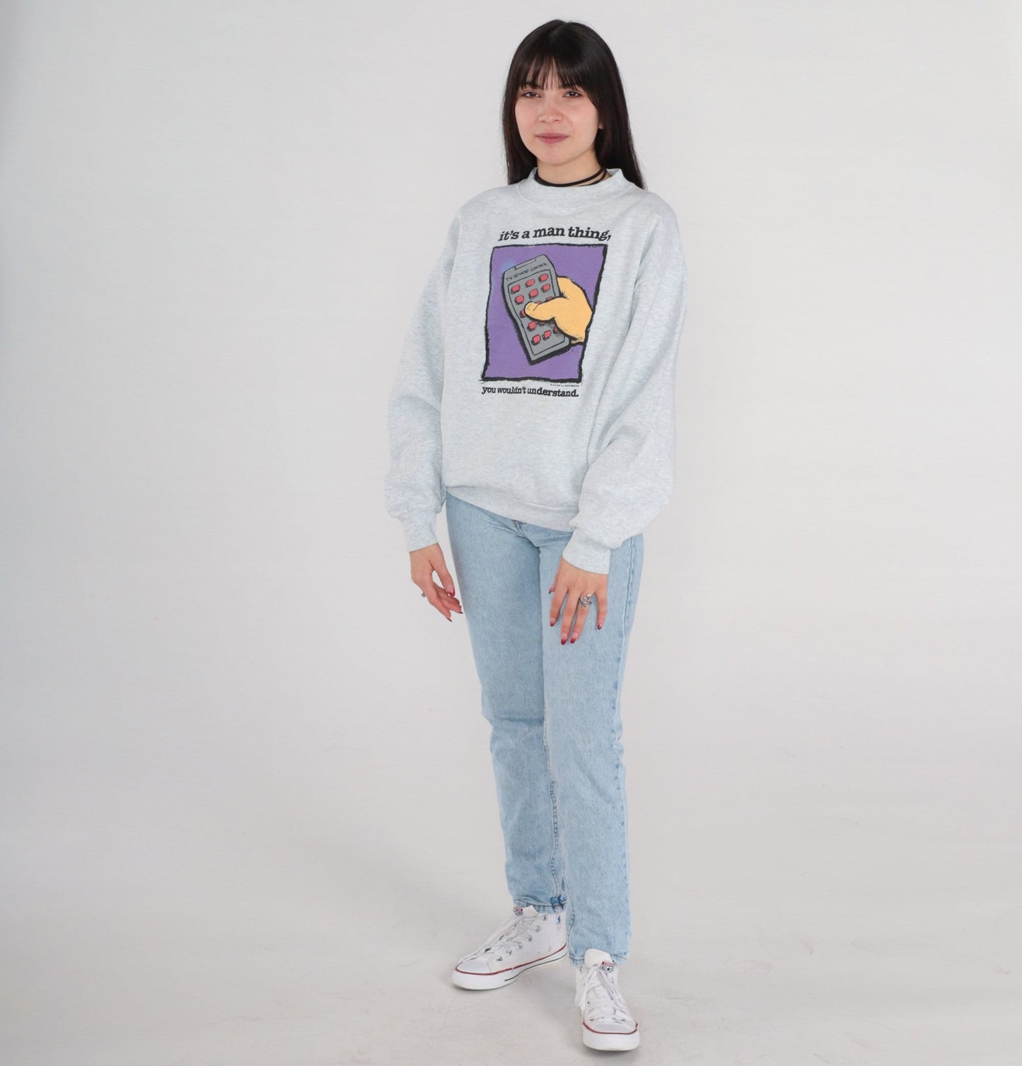 90s Remote Control Graphic Sweatshirt "It's a Man Thing" Grey Pullover Large