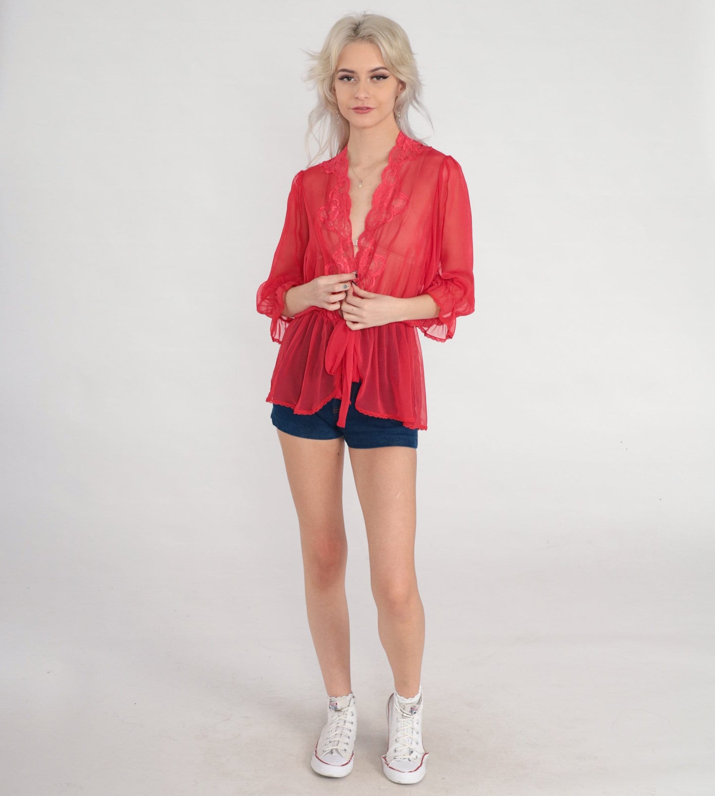 70s Red Sheer Bed Jacket Lace Trim Tie Front 3/4 Sleeve Small