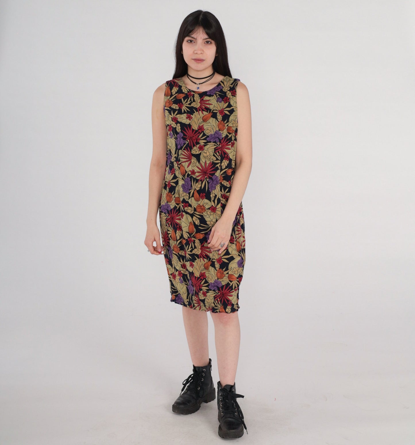 00s Tropical Floral Rayon Sheath Dress Sleeveless Knee-Length Medium