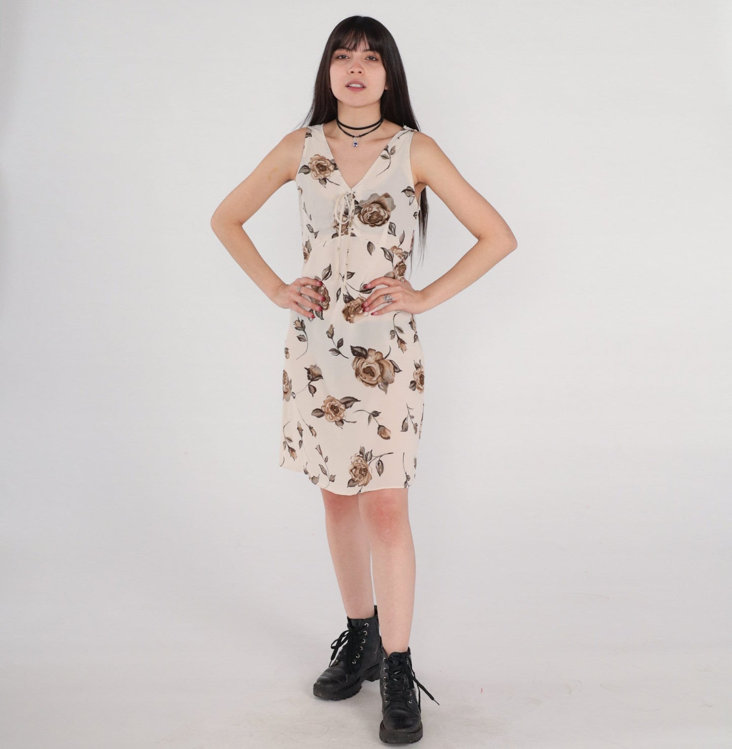 90s Floral Babydoll Dress Beige Empire Waist Lace-Up Mini Sleeveless Small