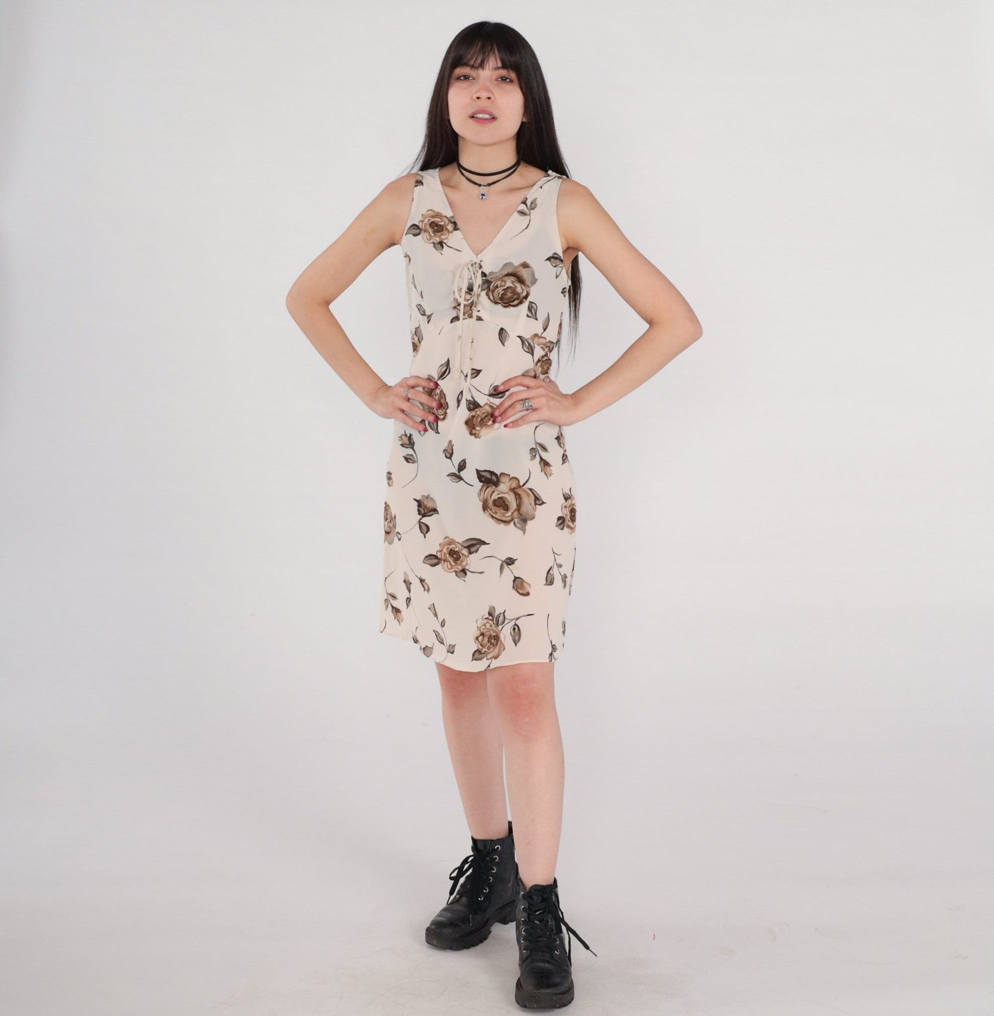 90s Floral Babydoll Dress Beige Empire Waist Lace-Up Mini Sleeveless Small