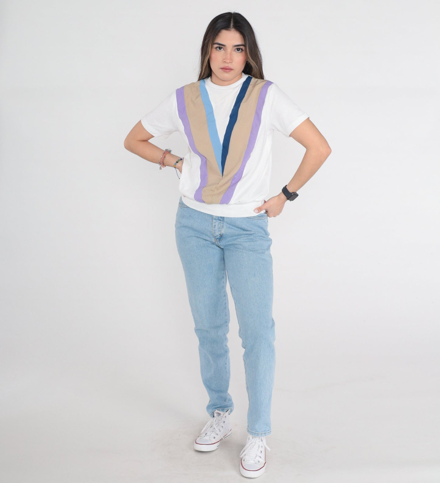 80s Chevron Striped T-Shirt White Blue Purple Banded Hem Small Medium