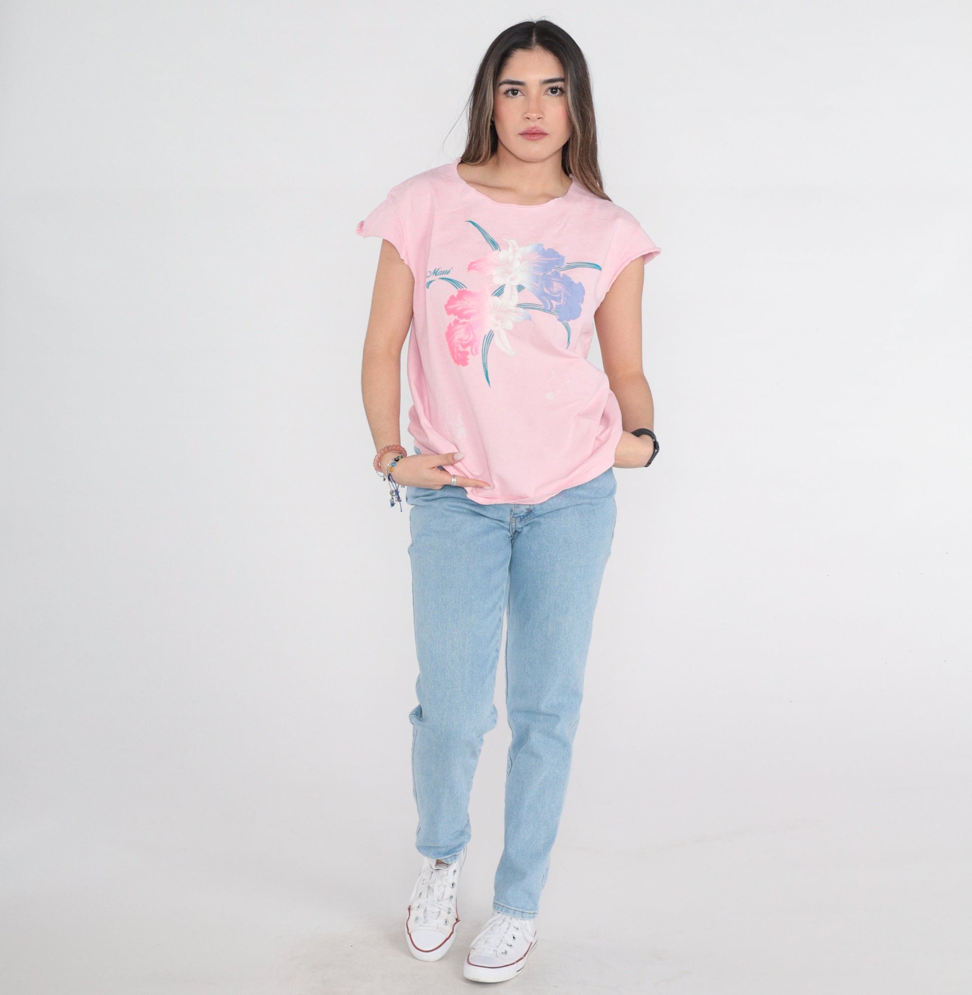 90s Maui Flower Graphic T-Shirt Pink Floral Hawaii Tee Medium Large