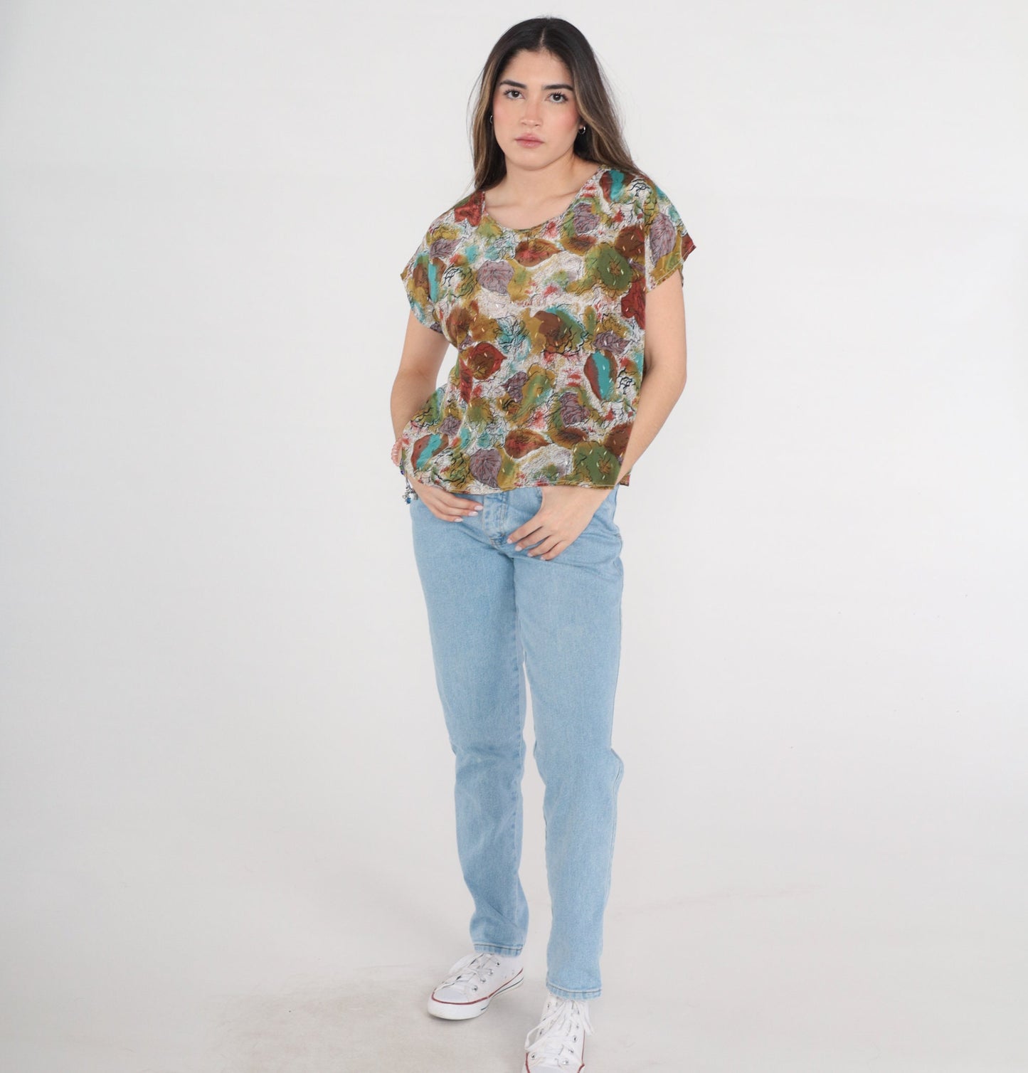 90s Abstract Floral Shirt Cap Sleeve Blouse Olive Green White Brown Medium Large