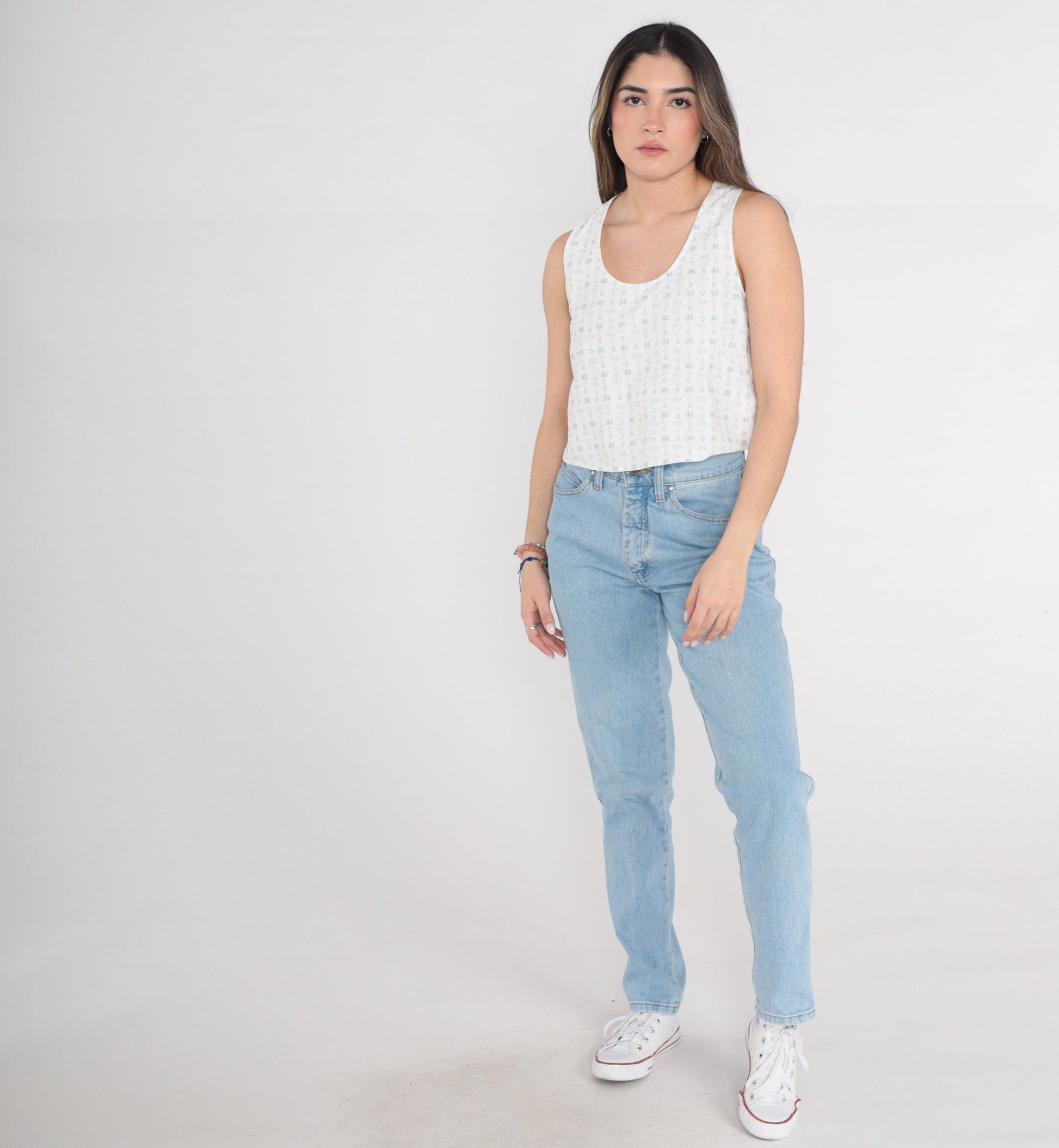 90s White Crop Tank Top Racerback Diamond Zigzag Print Small