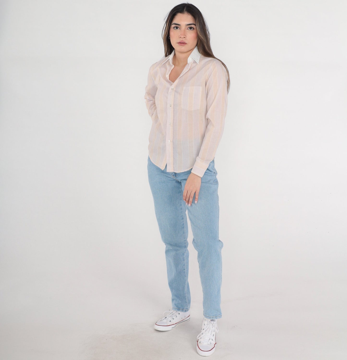 80s Striped Button-Up Shirt Tan Pink Long Sleeve Collared Extra Small