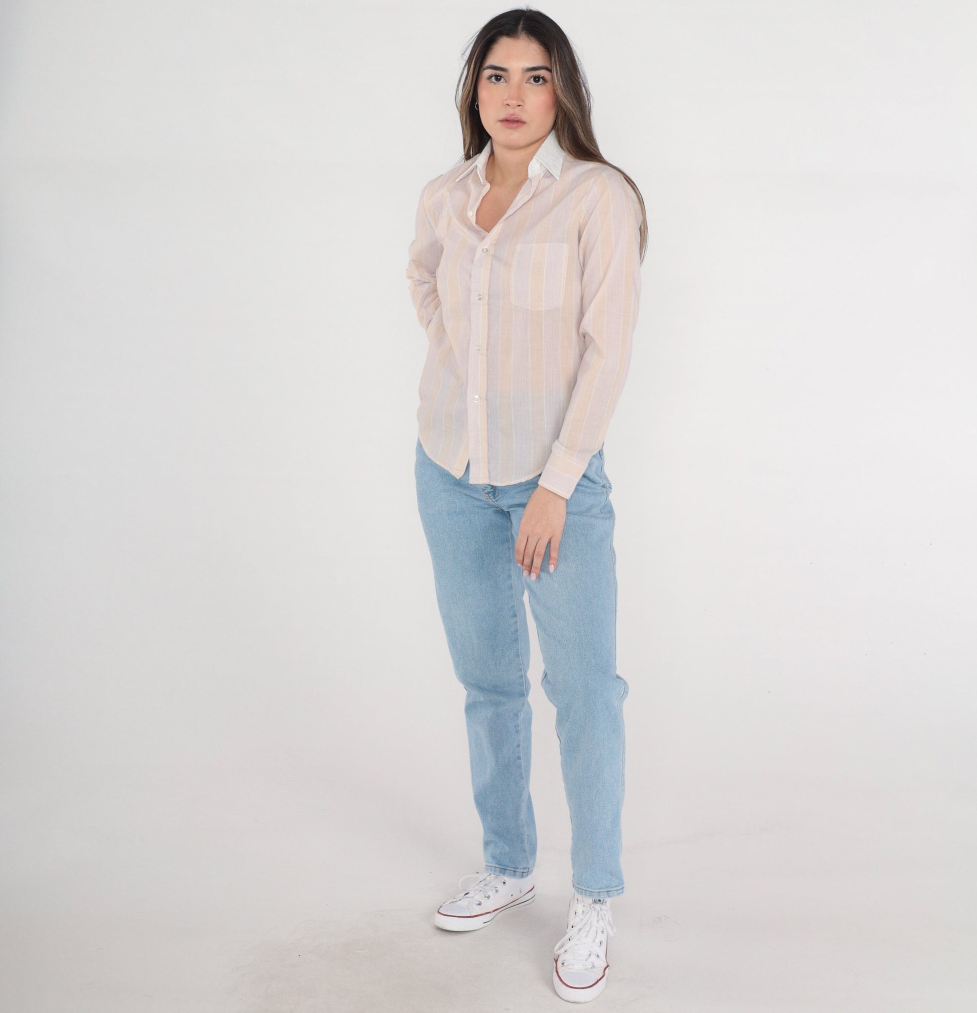 80s Striped Button-Up Shirt Tan Pink Long Sleeve Collared Extra Small