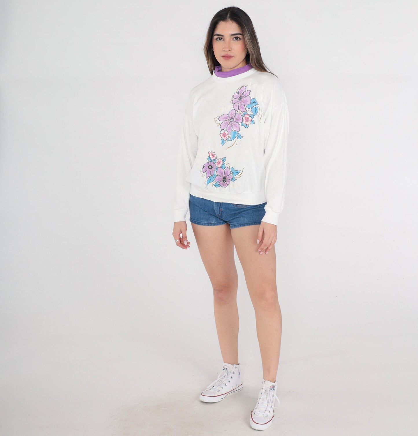 90s Glitter Floral Sweatshirt White Mock Neck Purple Layered Small S