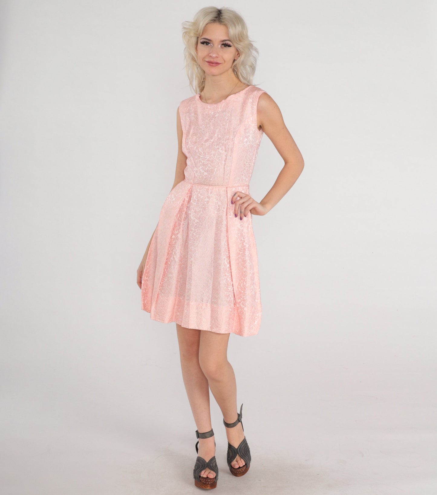 60s Pink Floral Brocade Mini Dress Sleeveless High Waist Extra Small XS