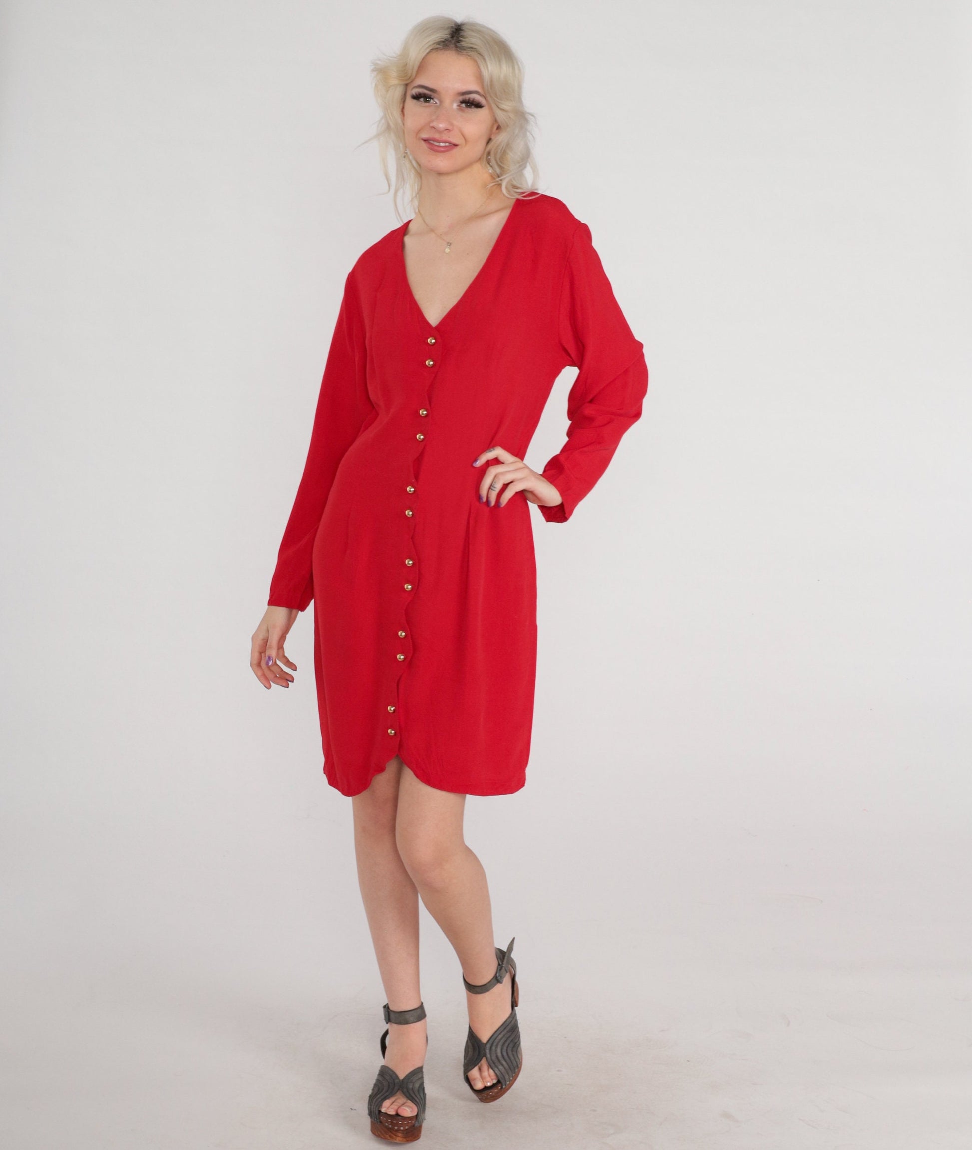 80s Red Button-Up Mini Dress Long Sleeve Sheath Pencil Cut Medium
