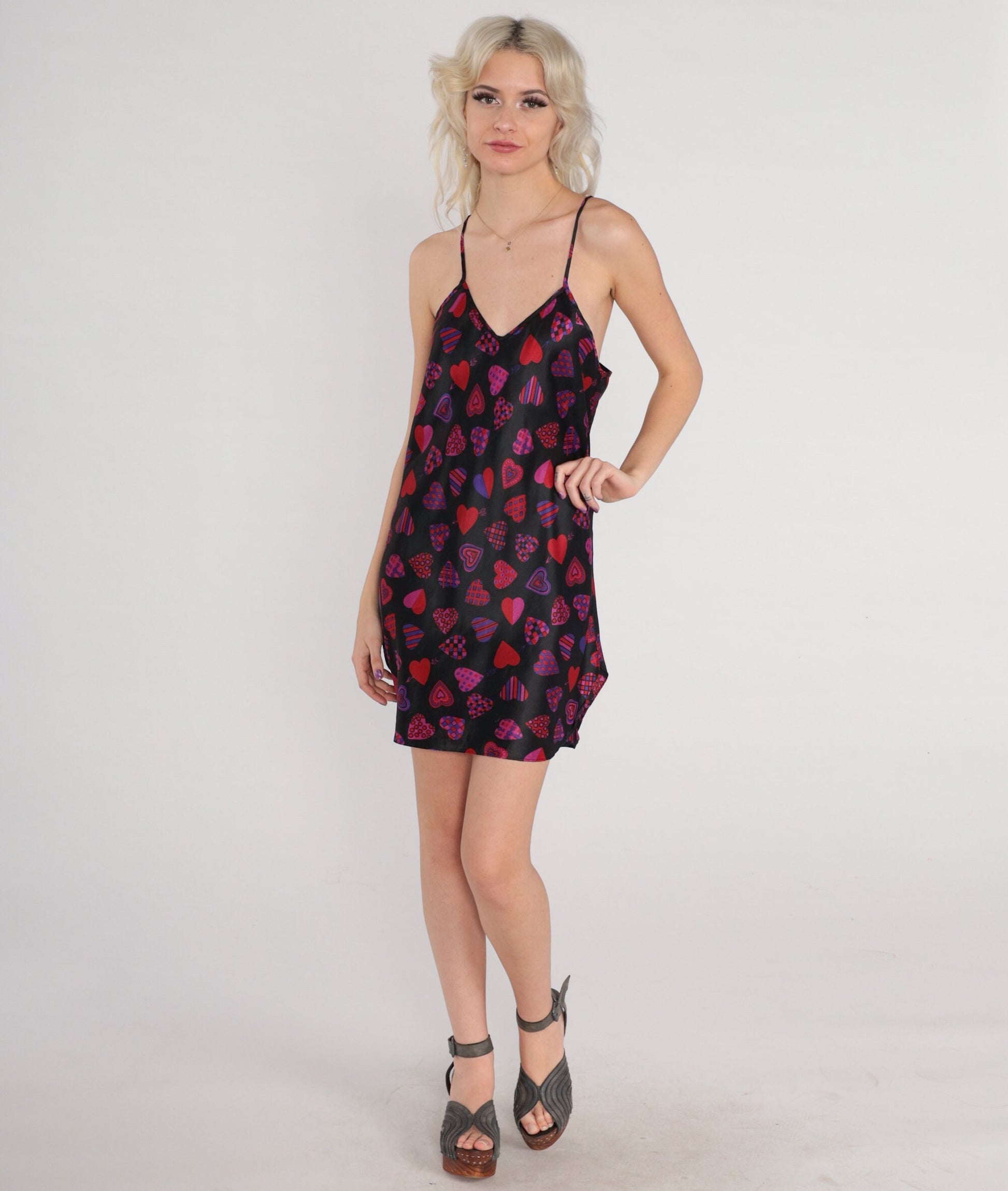 00s Heart Print Black Slip Dress Mini Spaghetti Strap Side Slit Small