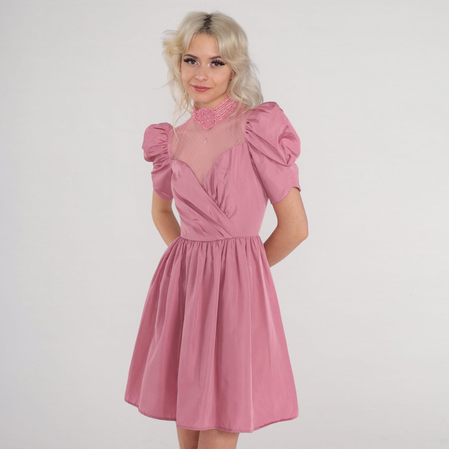 70s Pink Mini Dress Puff Sleeve Sweetheart Neckline Lace Illusion XXS