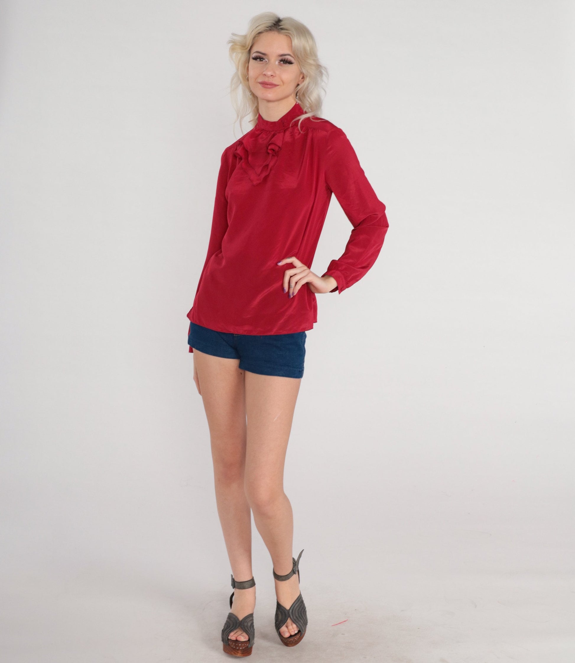 70s Red Ruffle Jabot Collar Blouse Long Sleeve Polyester Small