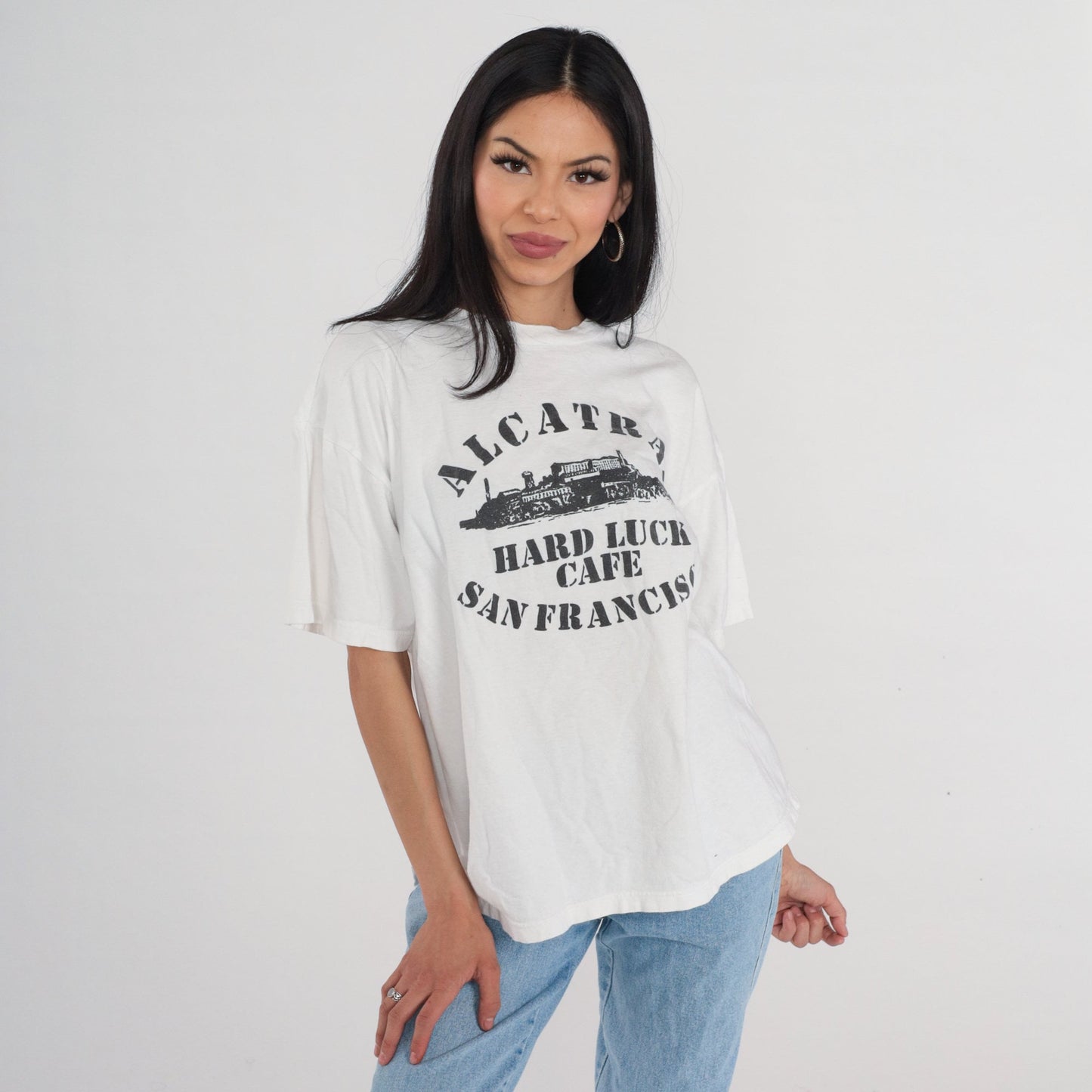 90s Alcatraz Hard Luck Cafe San Francisco Graphic T-Shirt White Large L