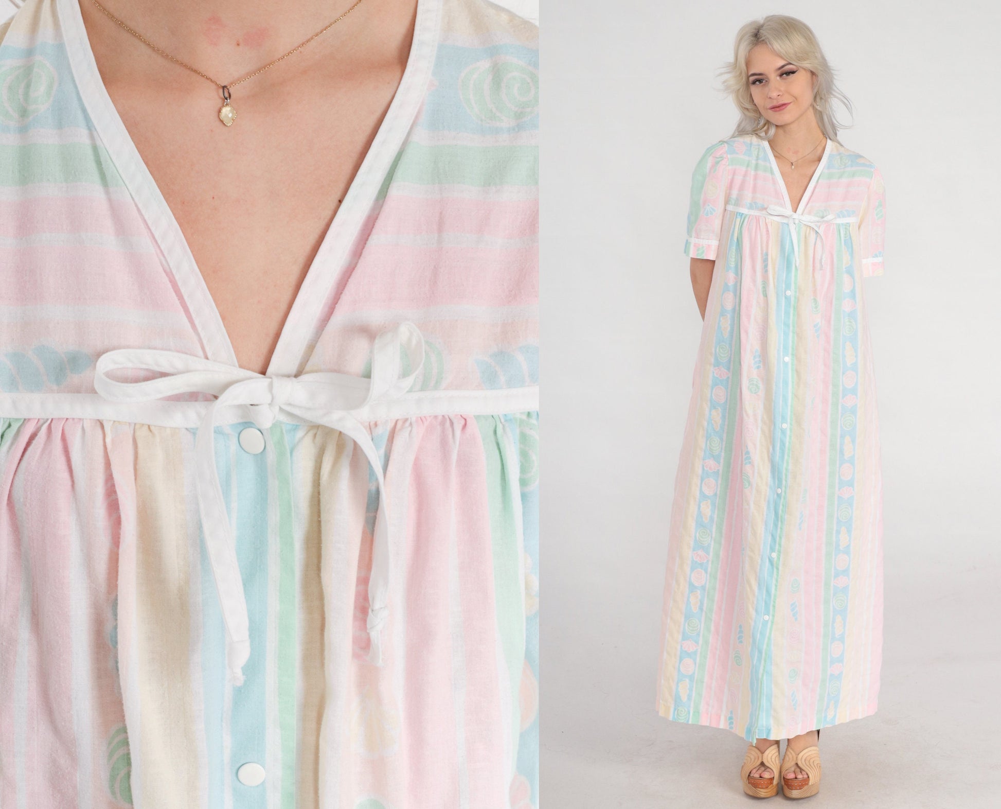 80s Pastel Striped Seashell Print Maxi Nightgown Short Sleeve Snap Front Large L
