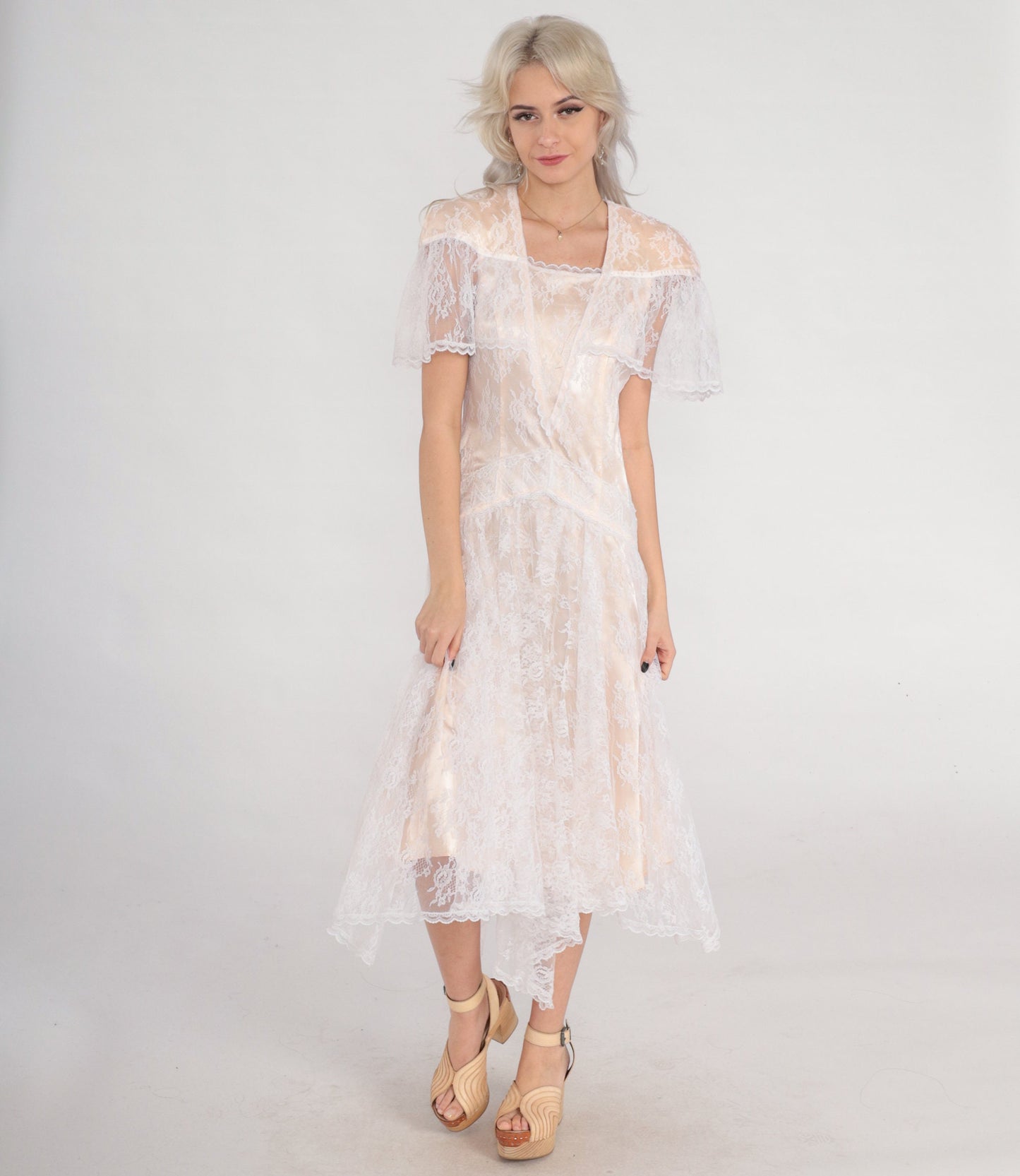 80s Gunne Sax Jessica McClintock Lace Midi Dress Blush Handkerchief Hem XS