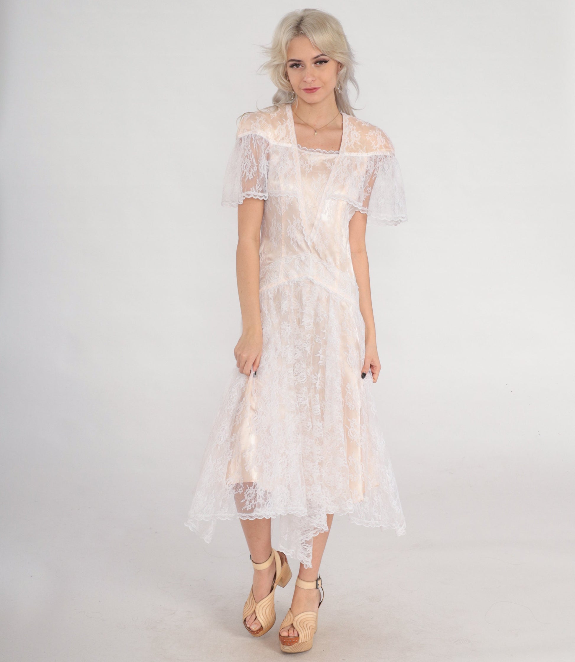 80s Gunne Sax Jessica McClintock Lace Midi Dress Blush Handkerchief Hem XS