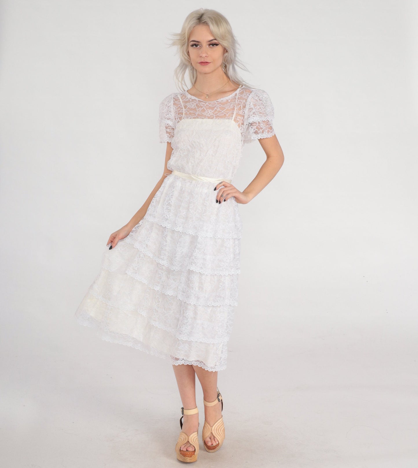 80s White Lace Midi Dress Floral Illusion Neckline Puff Sleeve Tiered Small