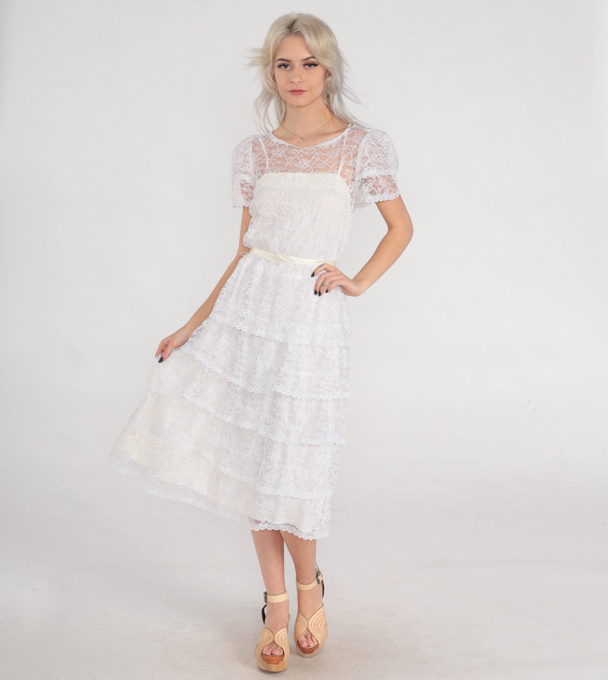 80s White Lace Midi Dress Floral Illusion Neckline Puff Sleeve Tiered Small