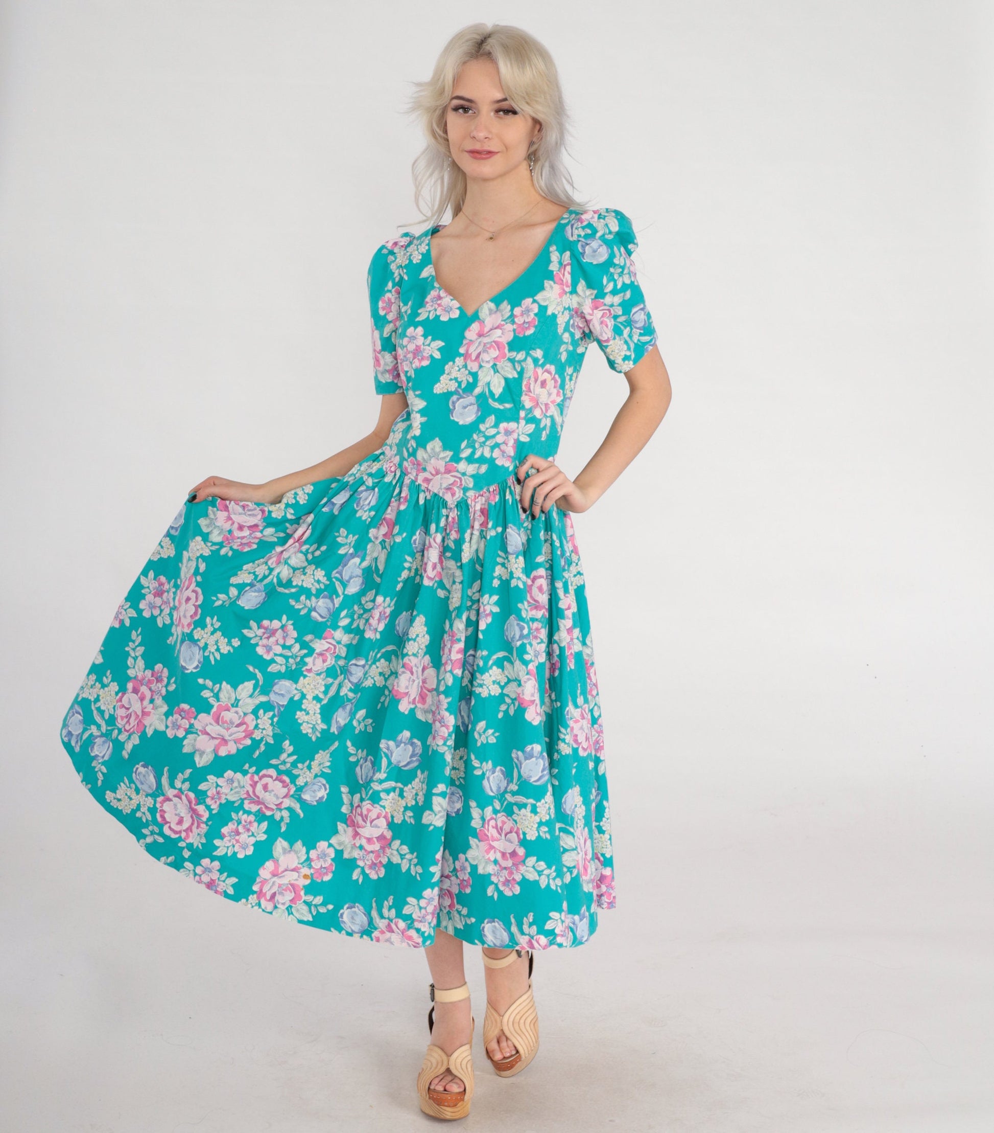 80s Laura Ashley Turquoise Floral Midi Dress Puff Sleeve Basque Waist Medium