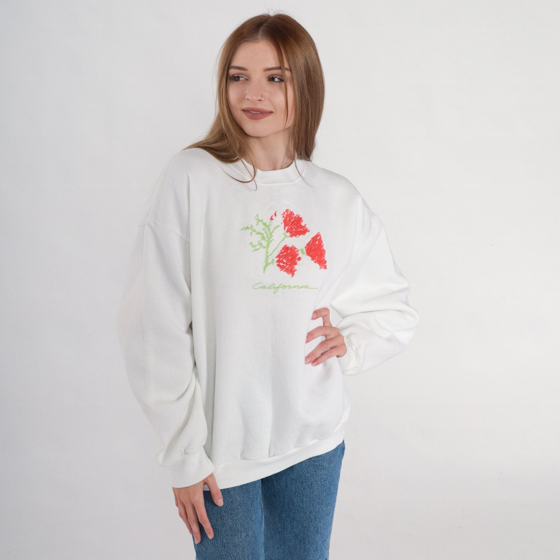 90s California Poppy Graphic Sweatshirt White Crewneck Pullover Large