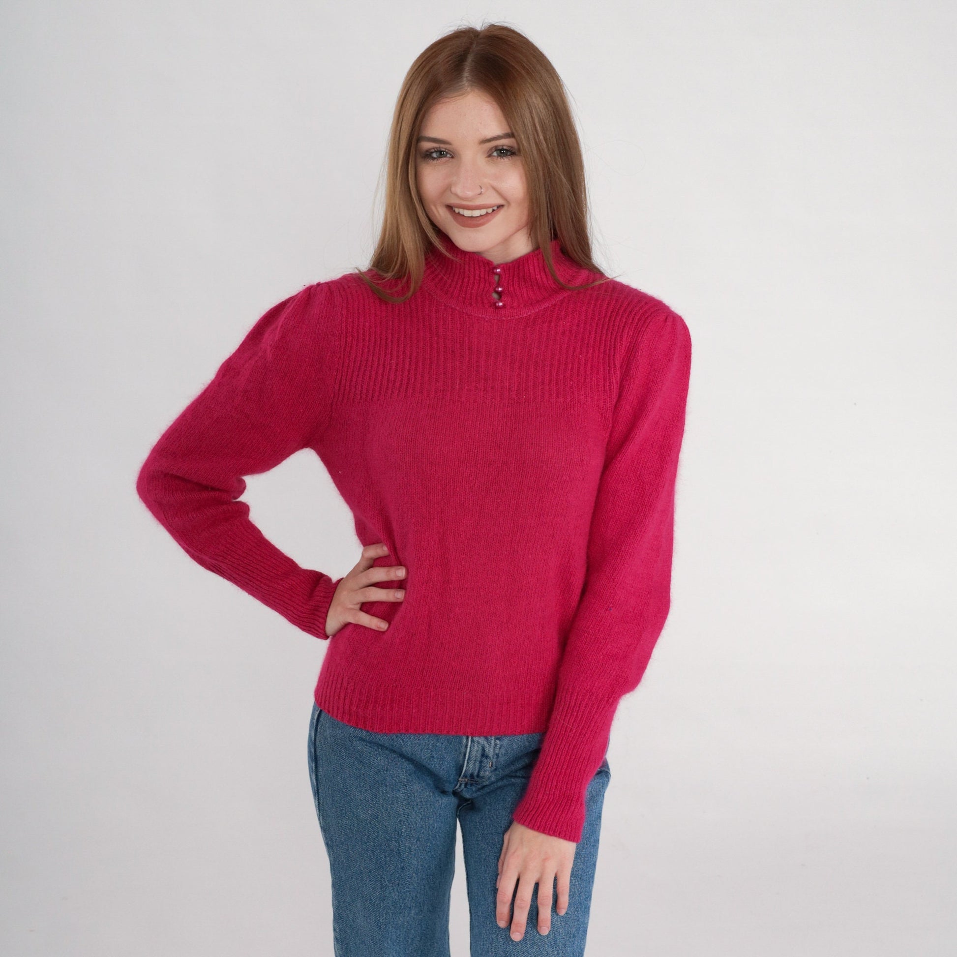 80s Deep Pink Mock Neck Puff Sleeve Knit Sweater Button Detail Medium M