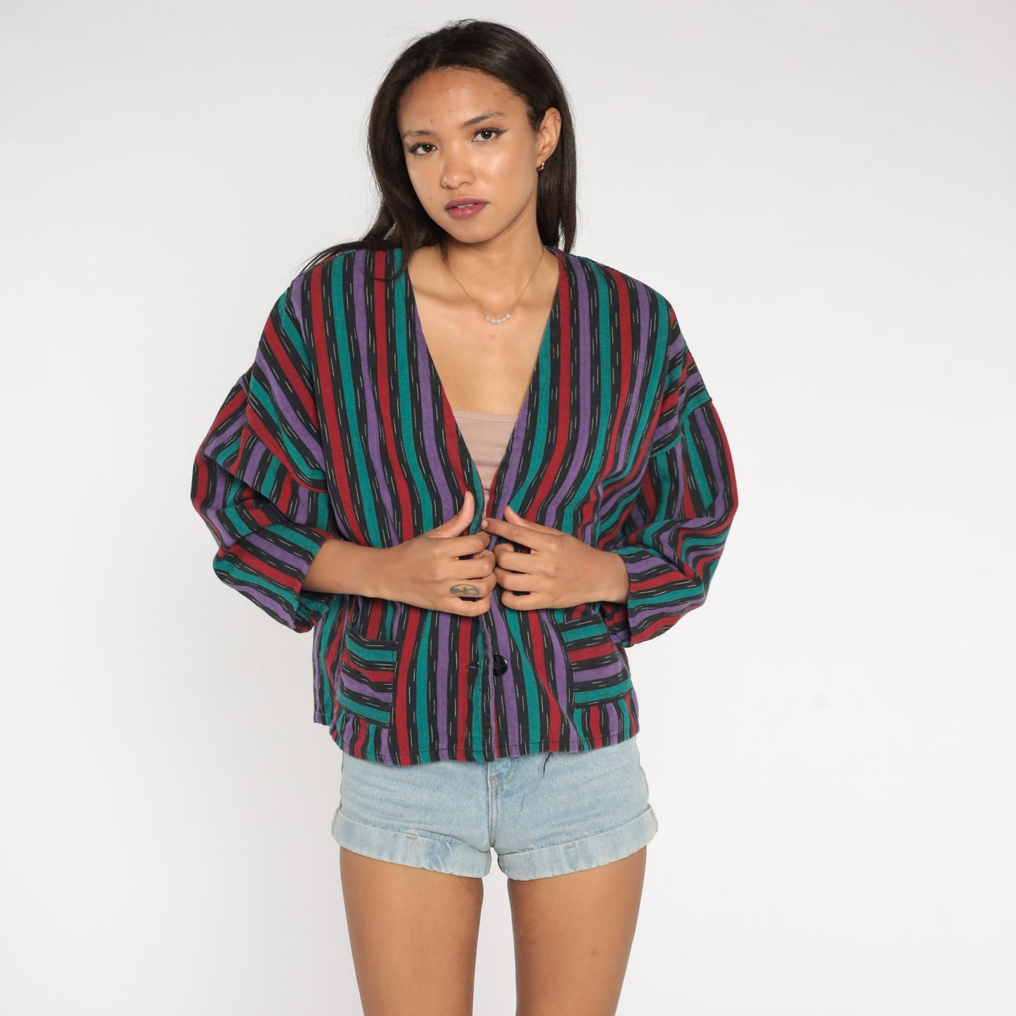 90s Striped Cotton Blazer Deep V-Neck Button Jacket Medium