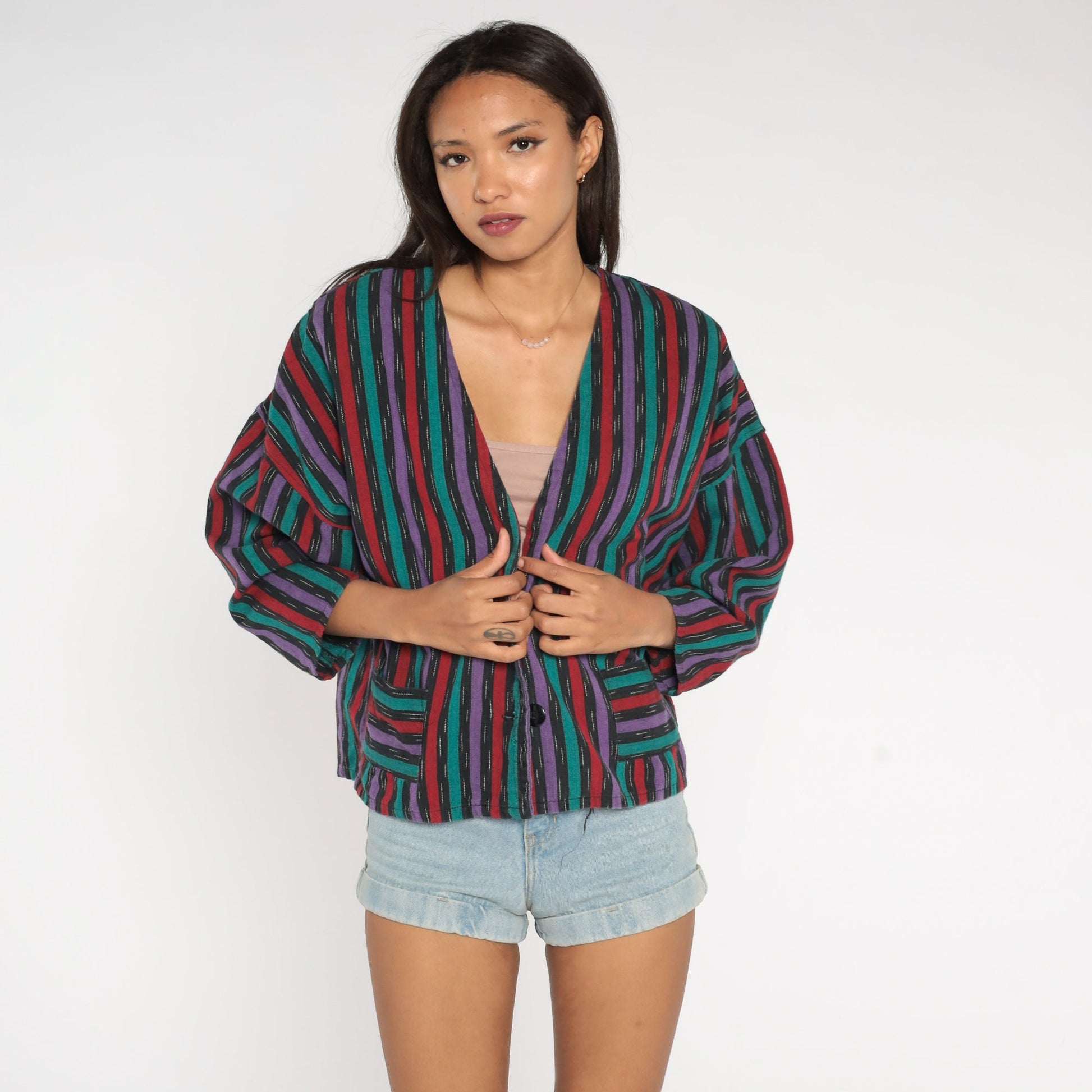 90s Striped Cotton Blazer Deep V-Neck Button Jacket Medium