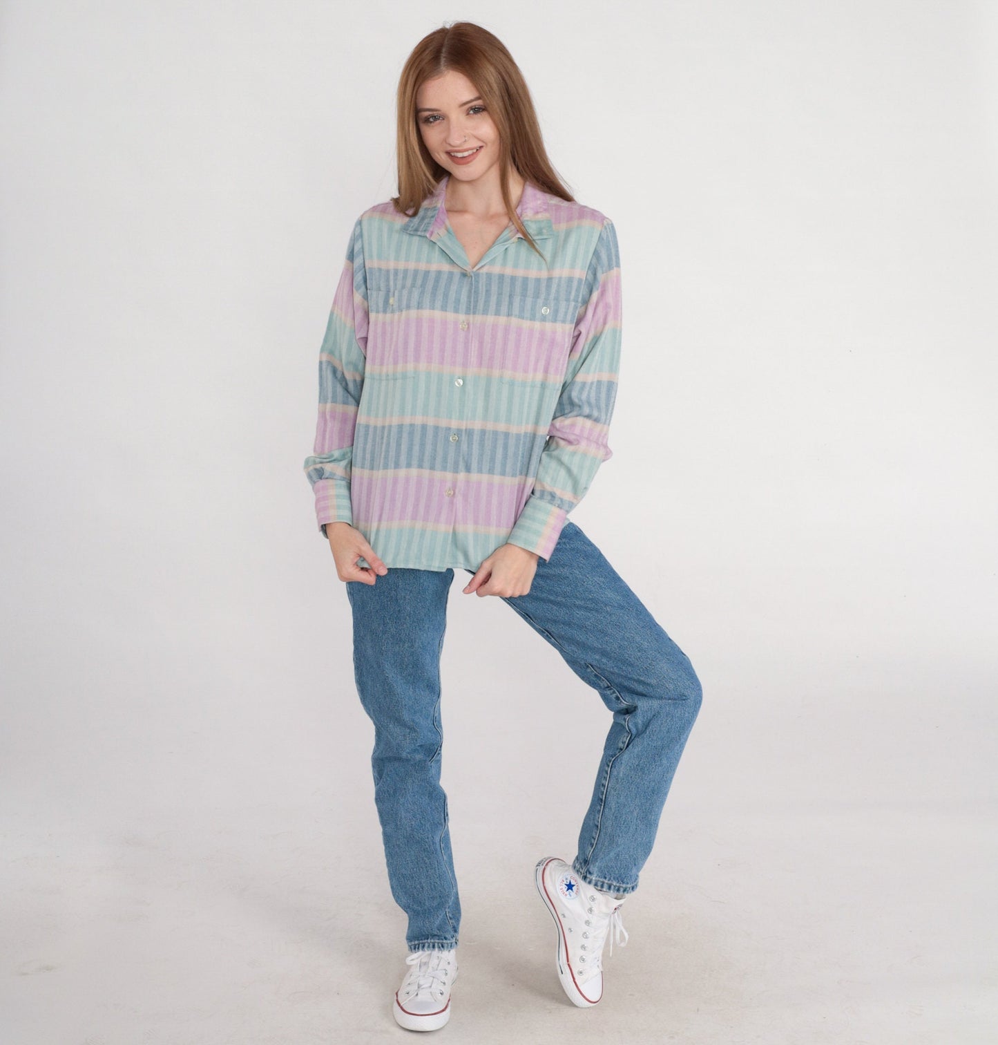 90s Striped Button-Up Blouse Multicolor Long Sleeve Collared Shirt Small