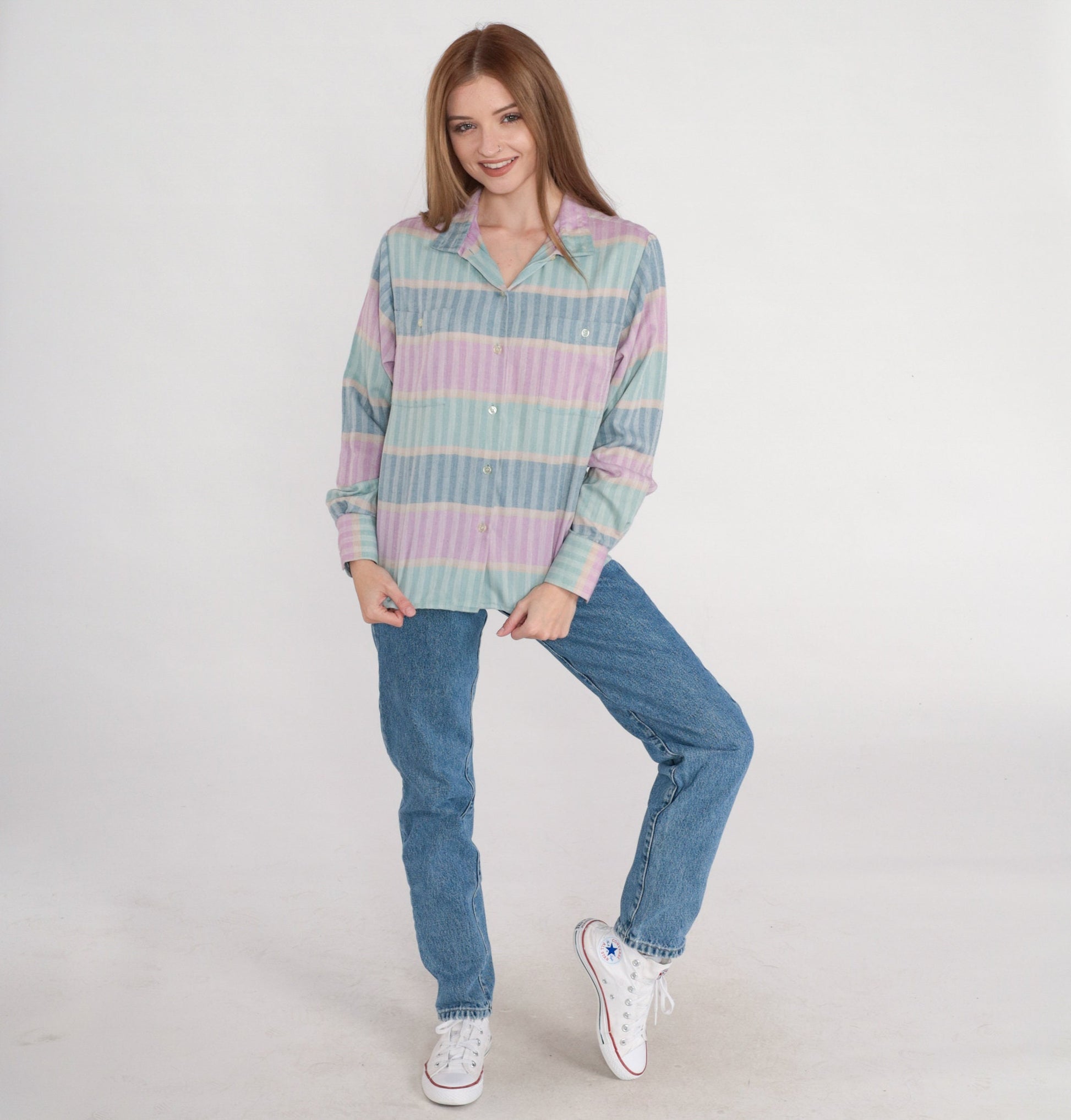 90s Striped Button-Up Blouse Multicolor Long Sleeve Collared Shirt Small