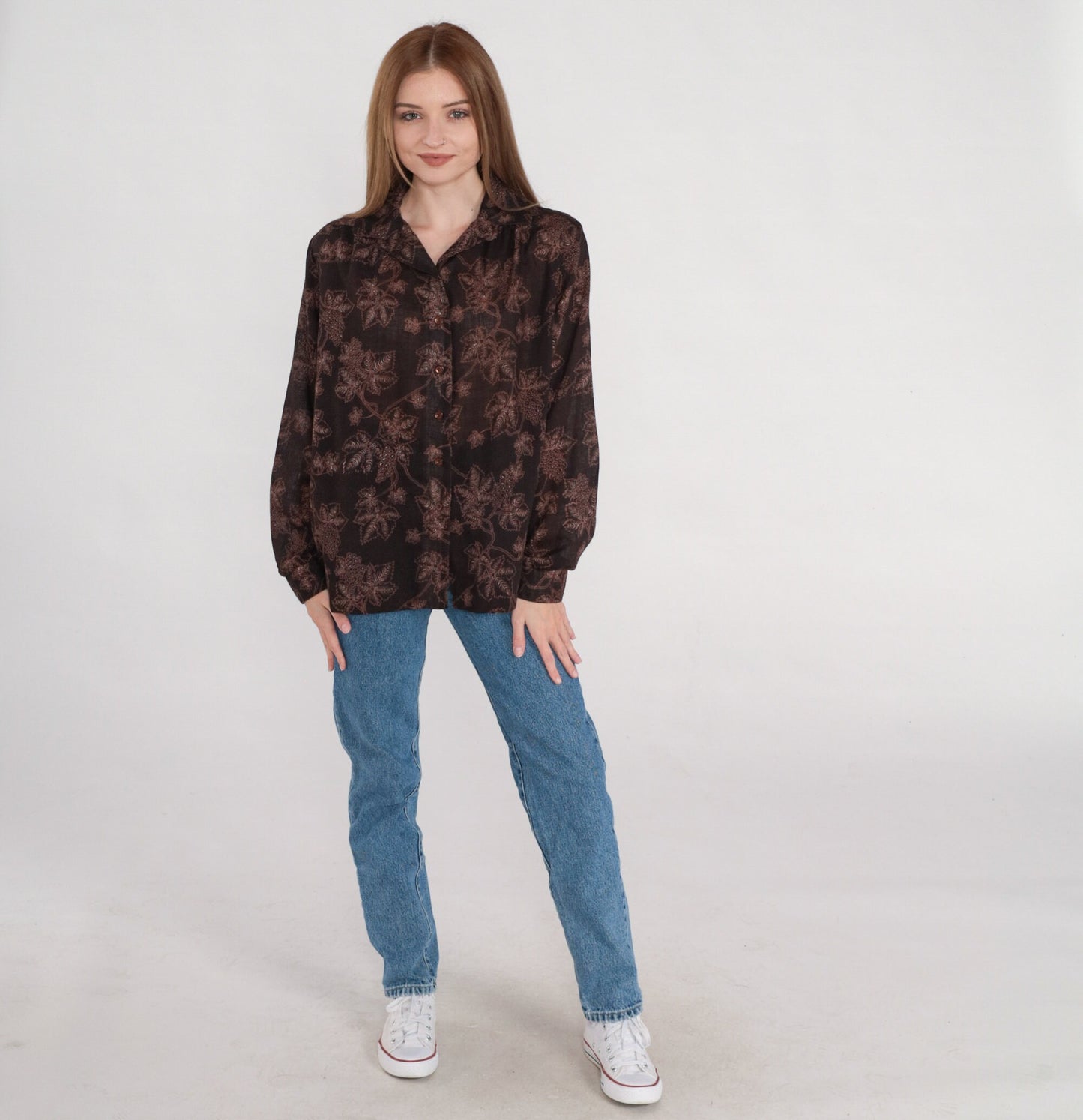 80s Grapevine Blouse Brown Button Up Shirt Grape Leaf Print Medium M