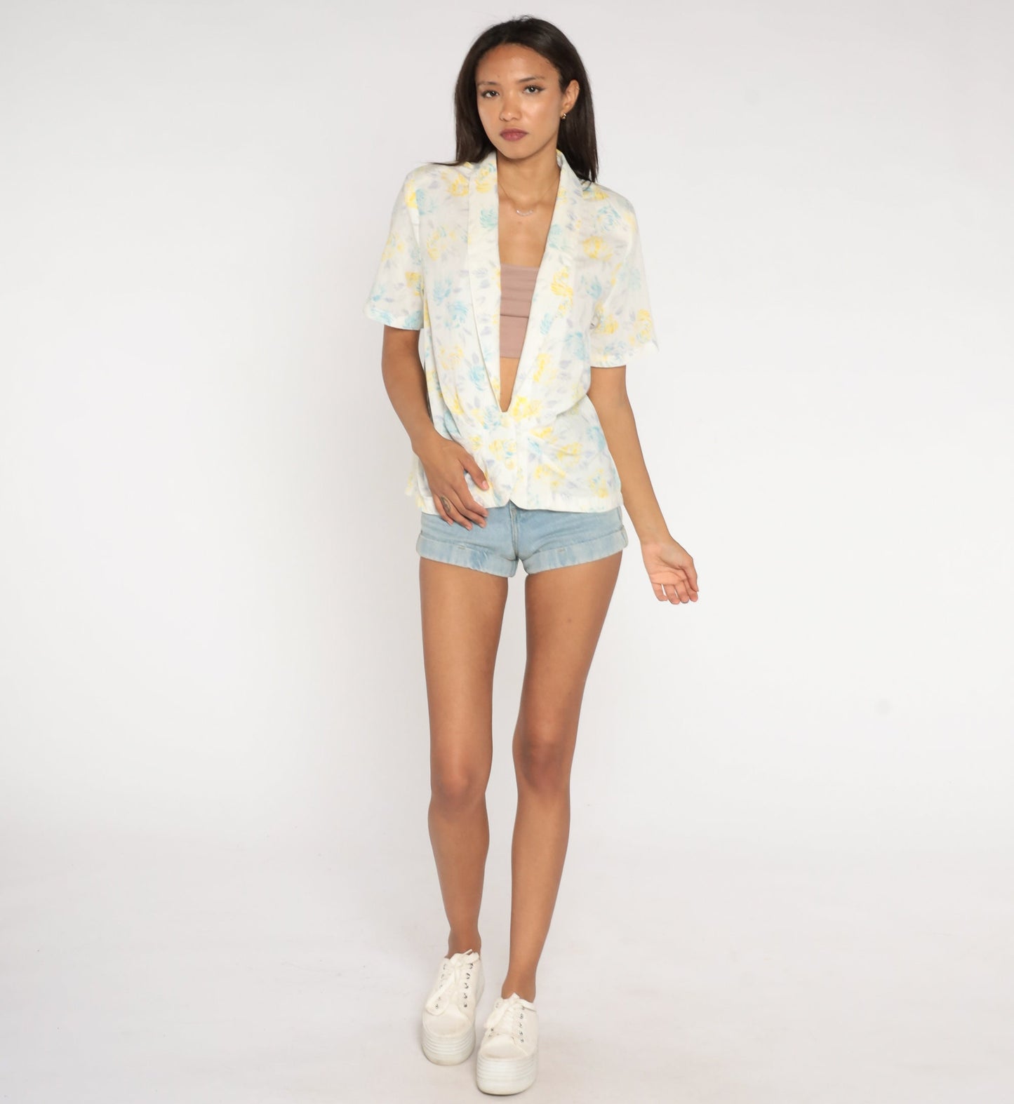 80s White Floral Deep V-Neck Blouse Button-Up Short Sleeve Large