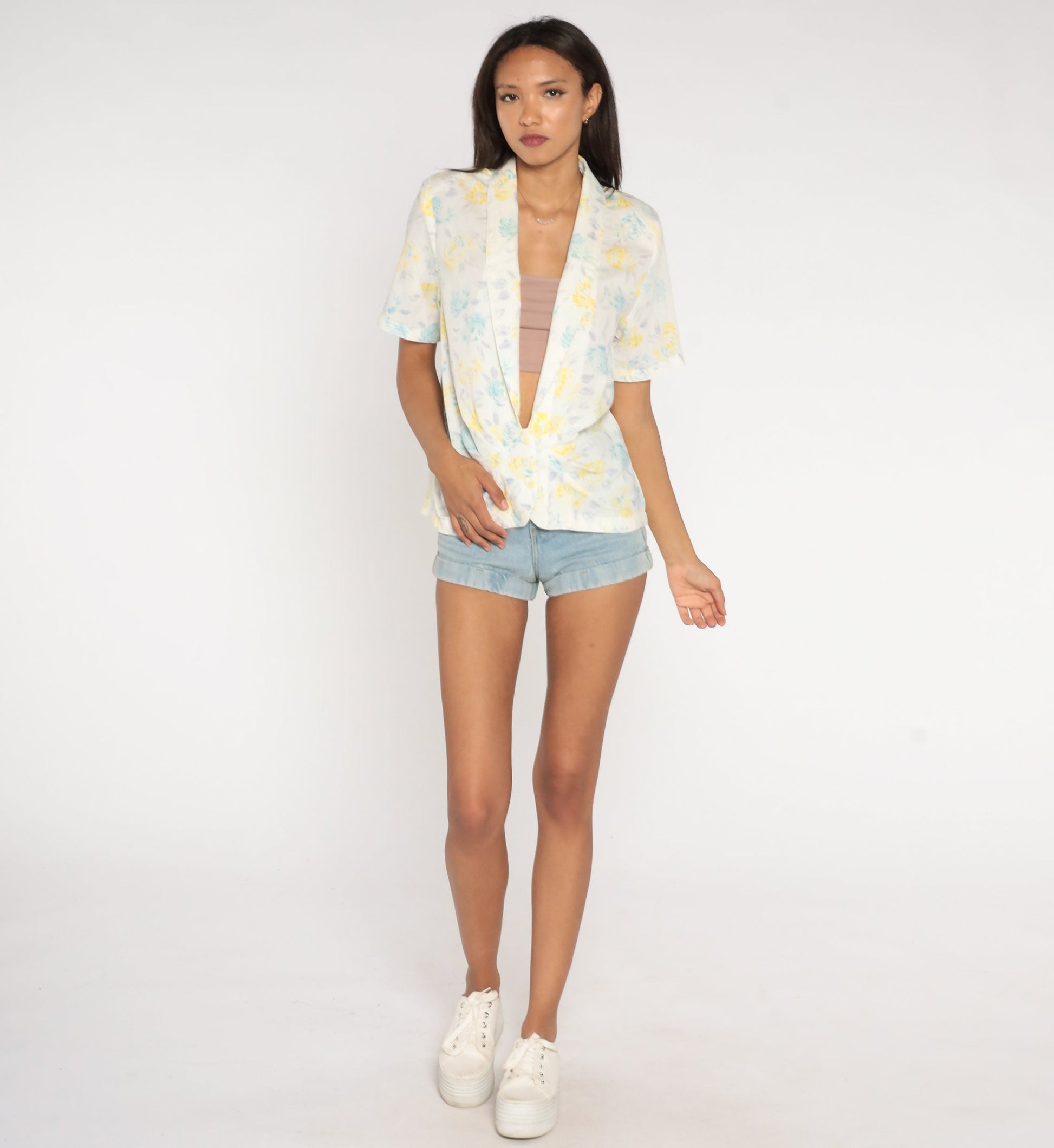 80s White Floral Deep V-Neck Blouse Button-Up Short Sleeve Large