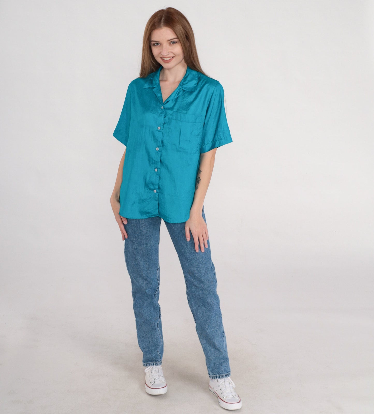 80s Blue Button-Up Shirt Short Sleeve Collared Blouse Chest Pocket Medium