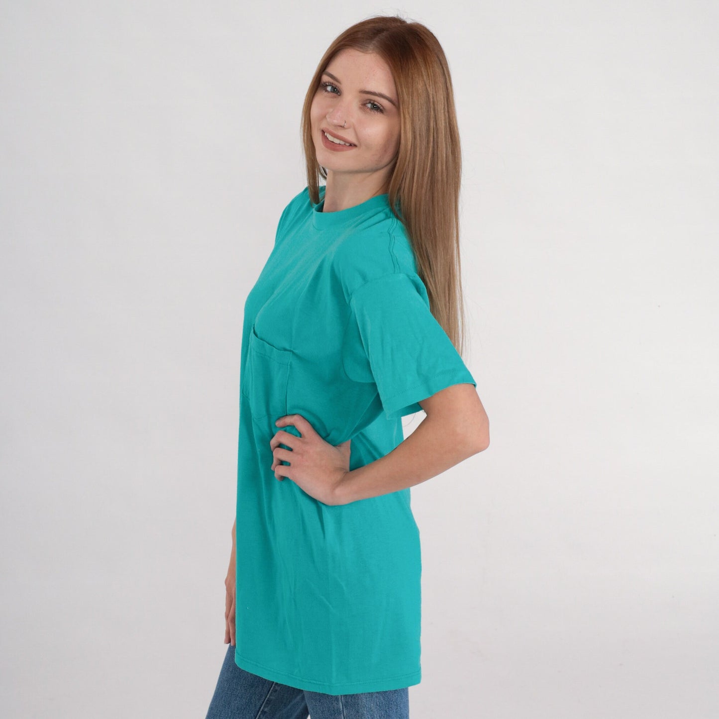 90s Teal Pocket T-Shirt Plain Cotton Crewneck Medium