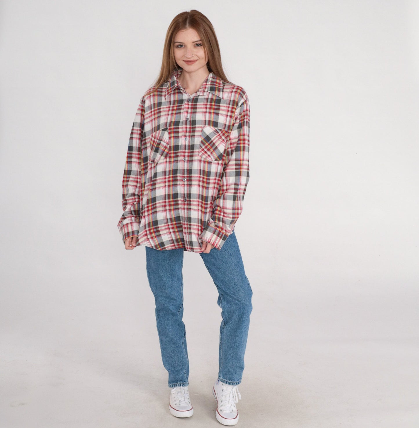 80s Sears Plaid Button-Up Shirt Long Sleeve Cotton Flannel Men's Large