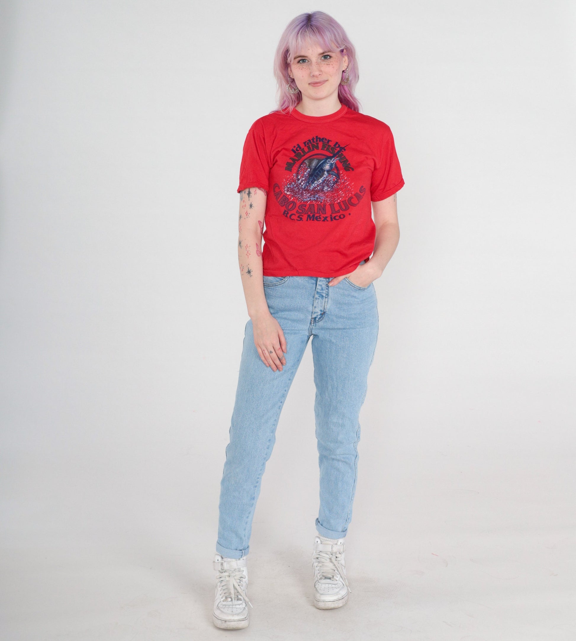 00s Cabo San Lucas Marlin Fishing Graphic T-Shirt Red Mexico Tee Small