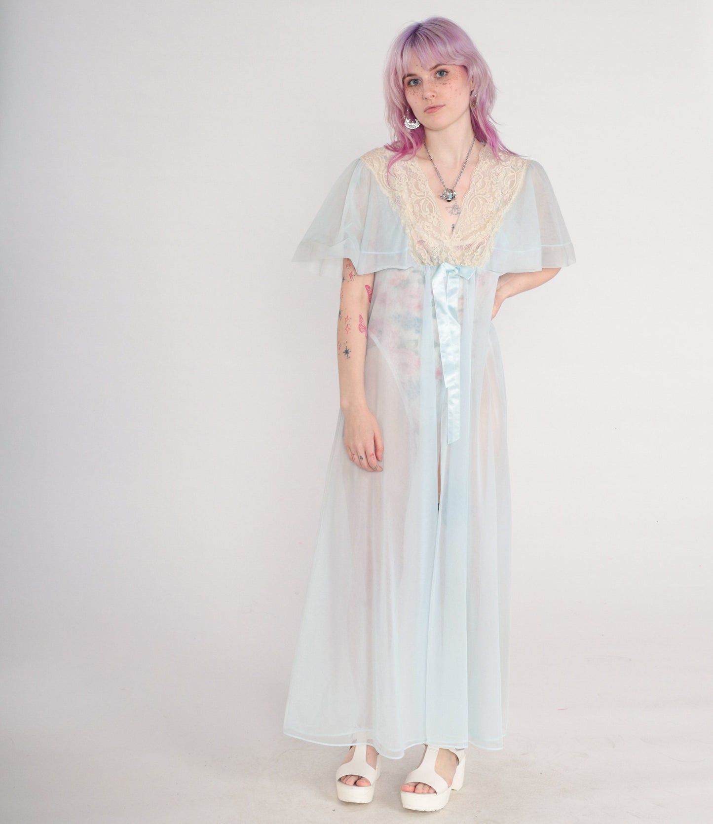 70s Sheer Baby Blue Nylon Lingerie Robe Maxi Lace Trim Empire Waist Small