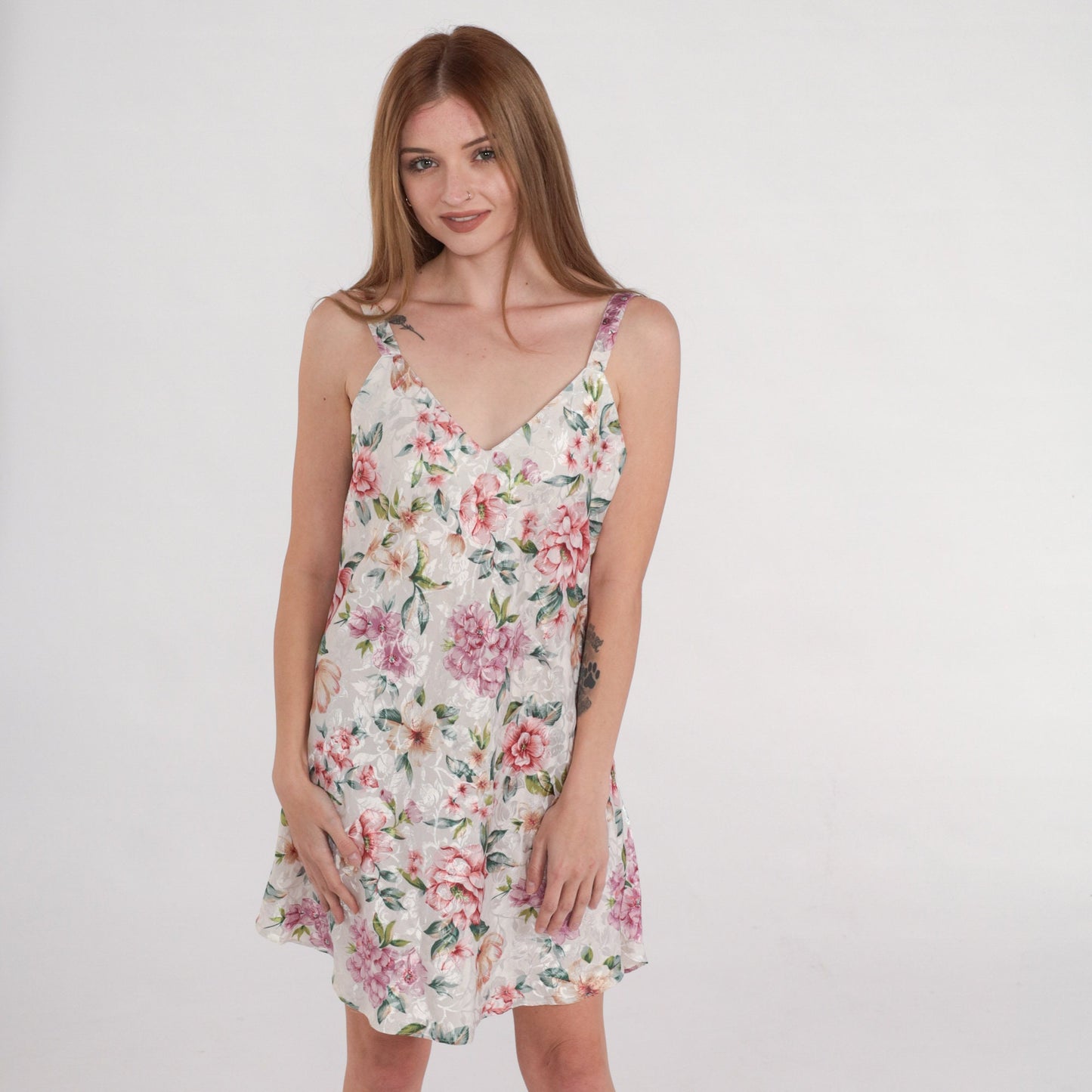 90s Floral Embossed Leaf Slip Dress Mini Chemise White Pink Medium
