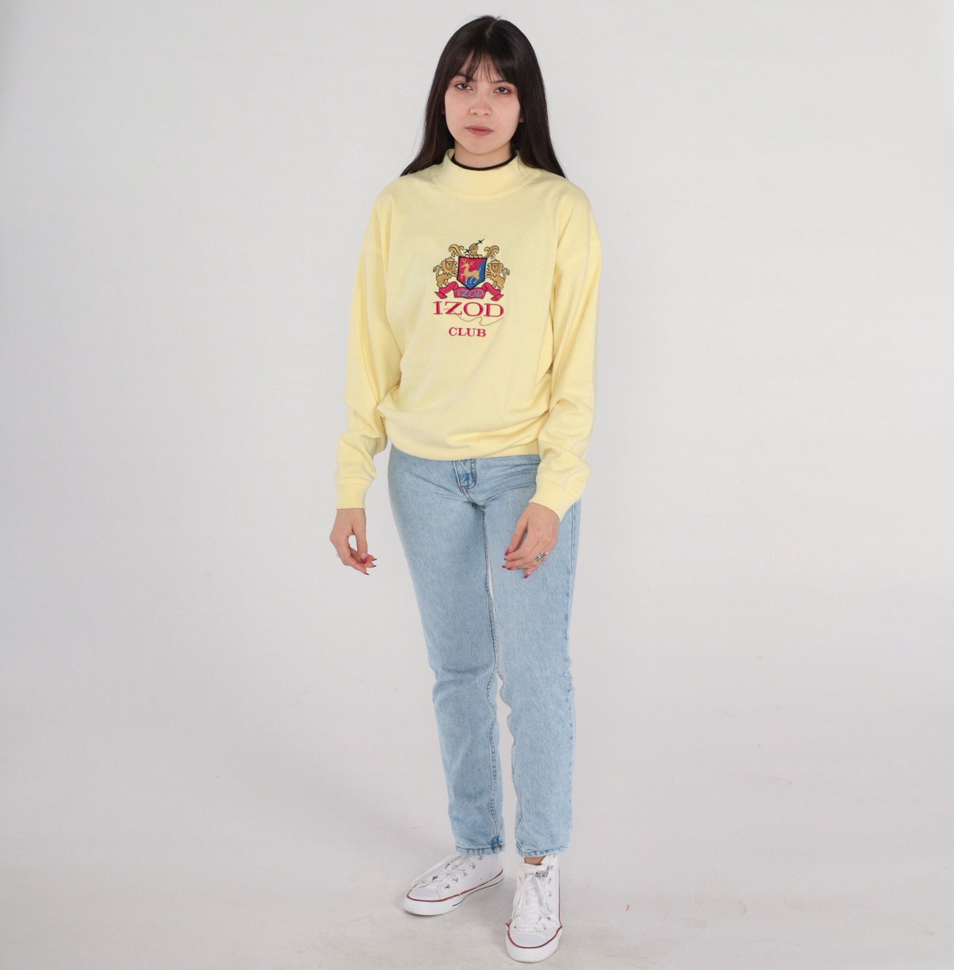 90s Izod Club Coat of Arms Embroidered Long Sleeve Shirt Light Yellow Extra Large