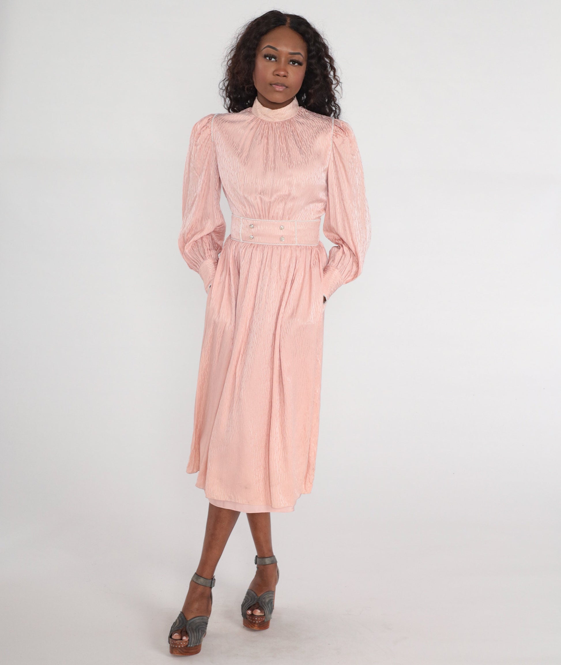80s Diane Dickenson Saks Fifth Ave Baby Pink Midi Dress Puff Sleeve Small