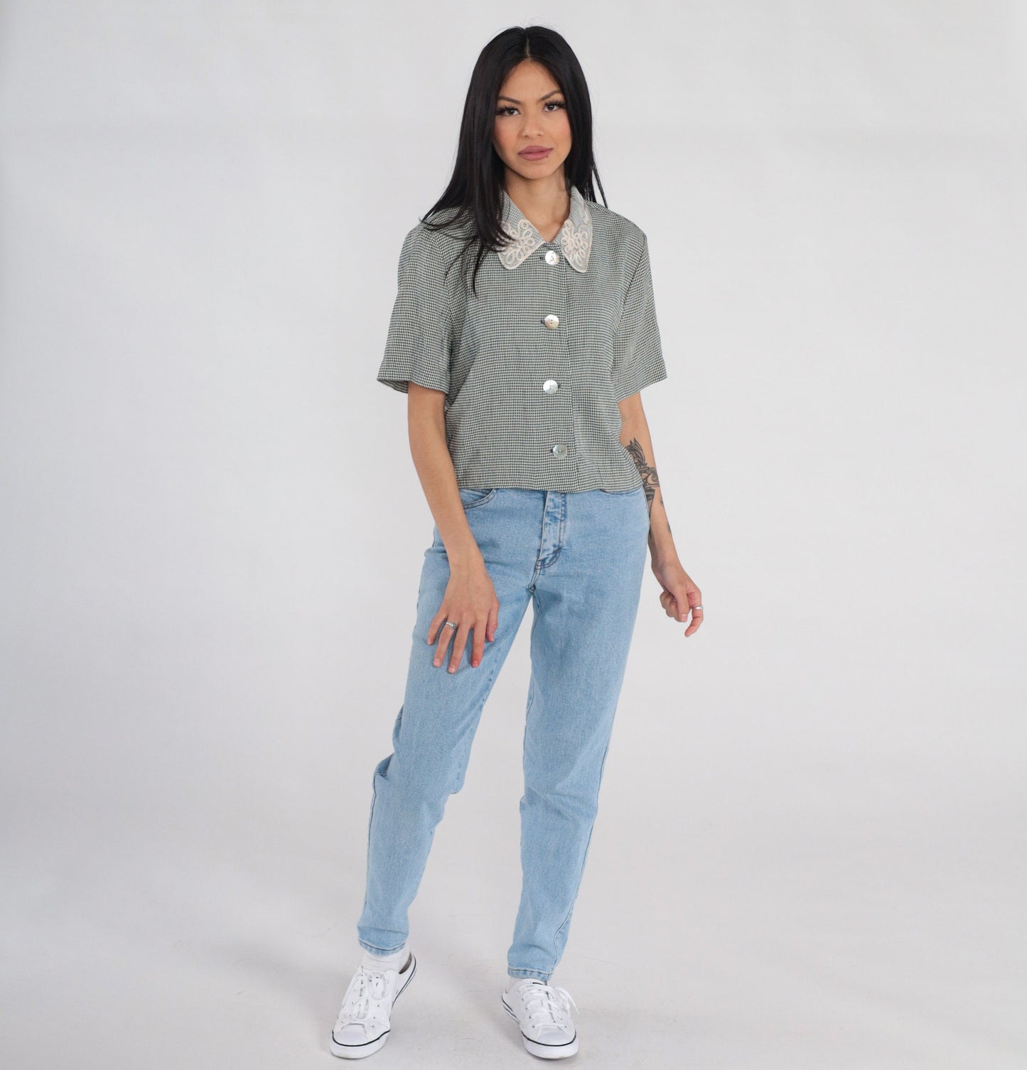 90s Black White Gingham Button-Up Blouse Soutache Collar Short Sleeve Medium M