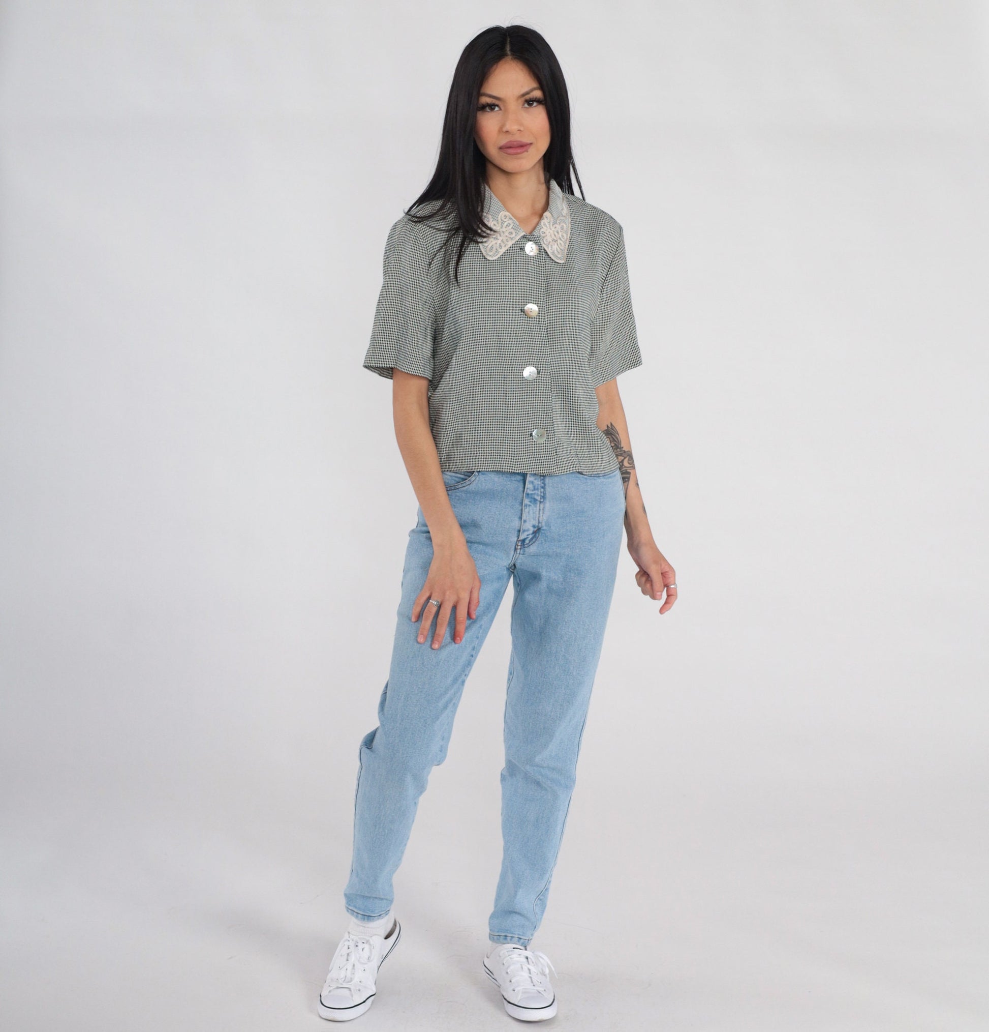 90s Black White Gingham Button-Up Blouse Soutache Collar Short Sleeve Medium M
