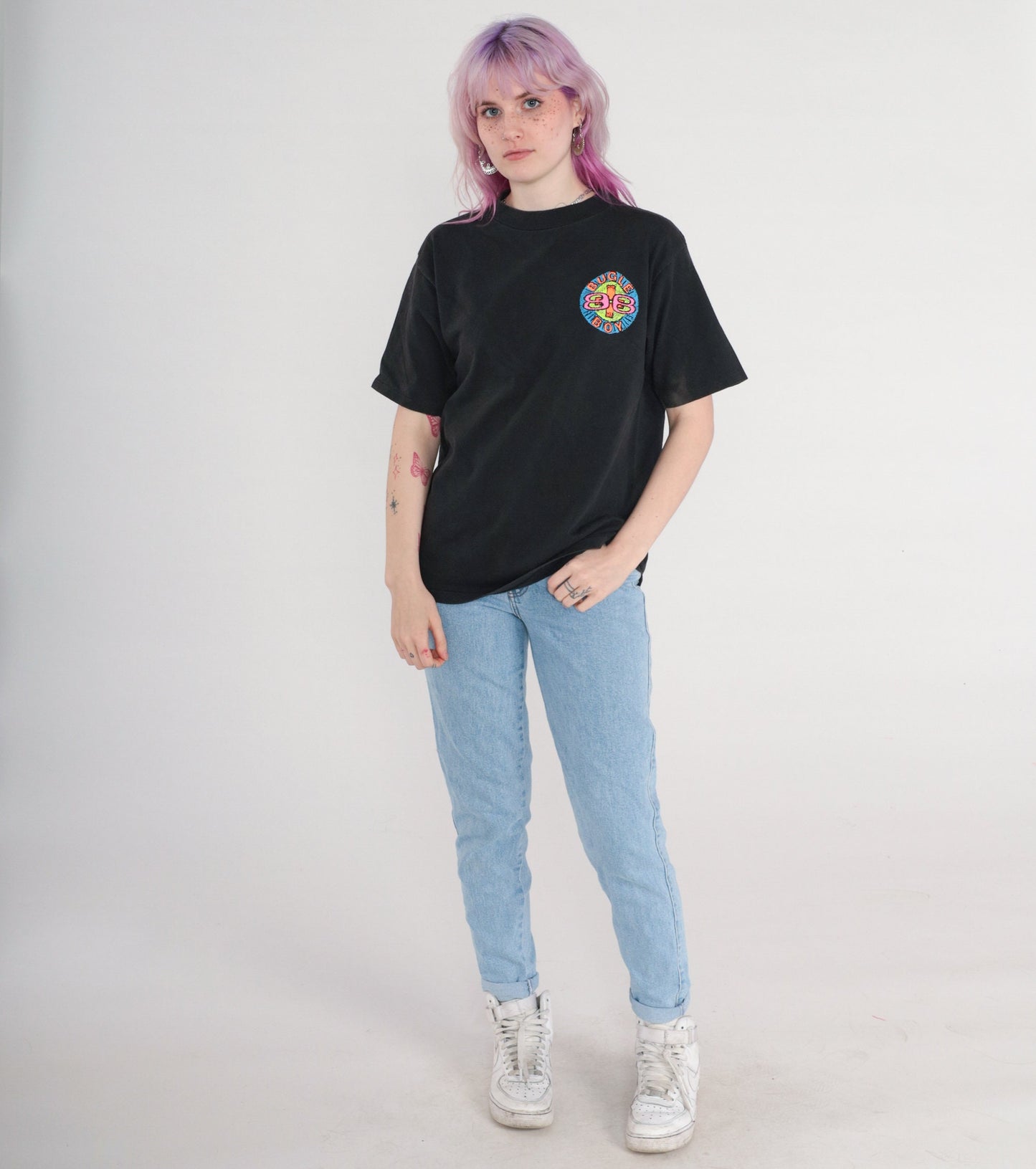 90s Bugle Boy Neon Spellout Graphic T-Shirt Black Cotton Medium