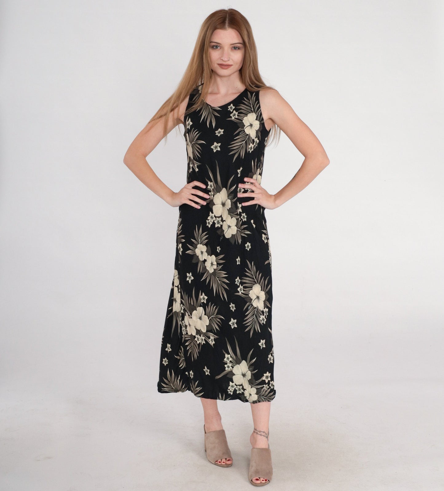 90s Black Tropical Floral Midi Dress Sleeveless Keyhole Back Small