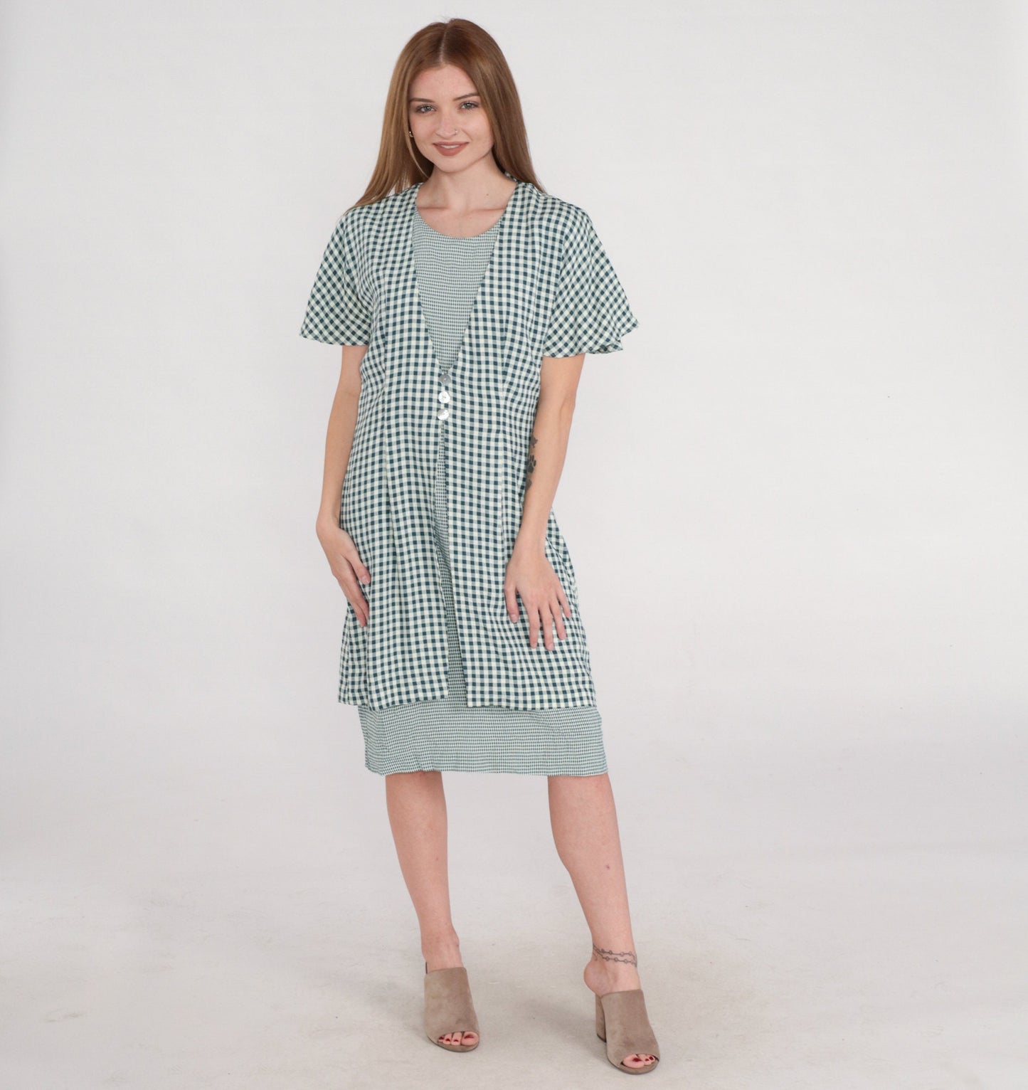 90s Teal White Gingham Mini Shift Dress Button-Up Short Sleeve Medium
