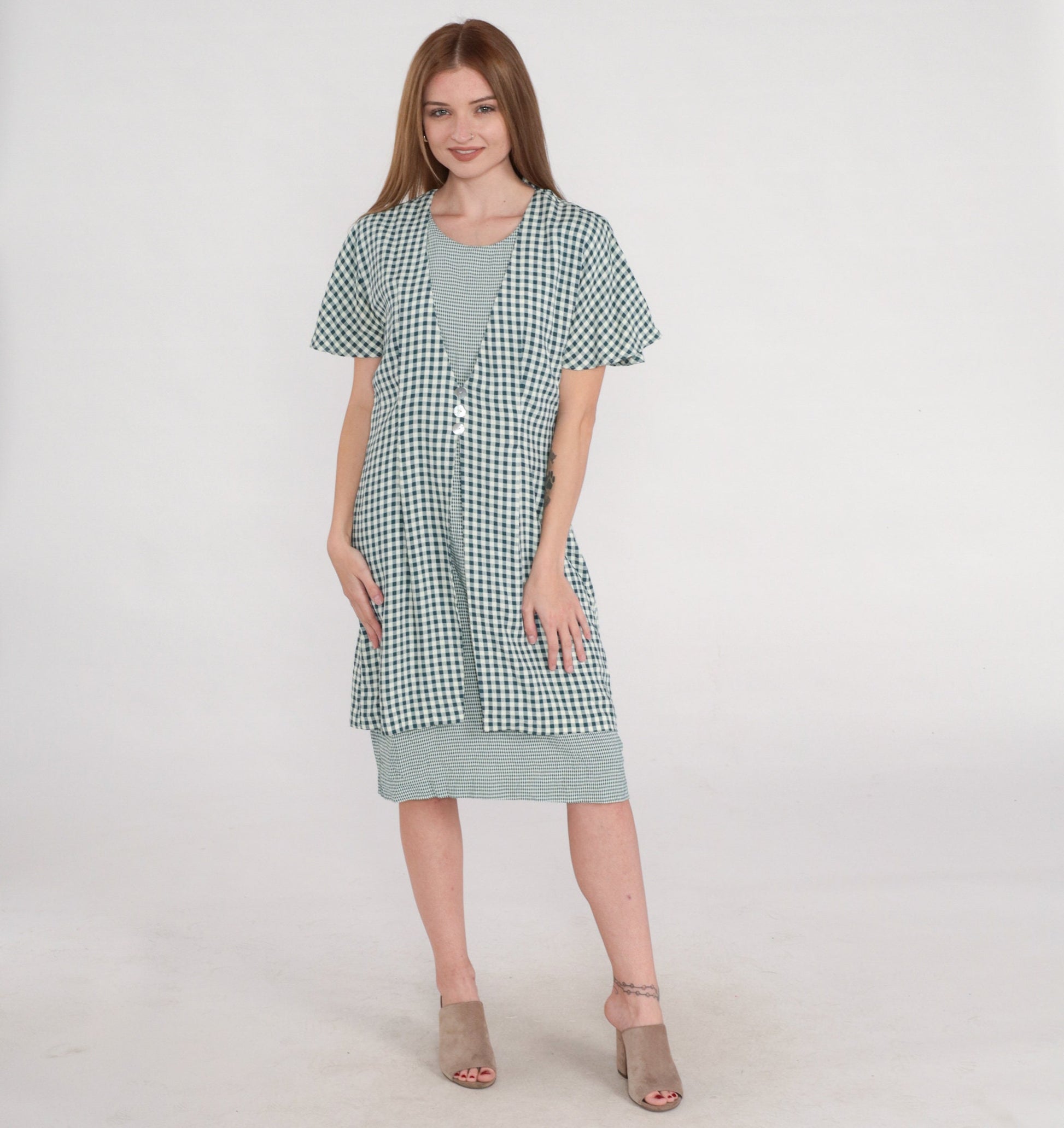90s Teal White Gingham Mini Shift Dress Button-Up Short Sleeve Medium
