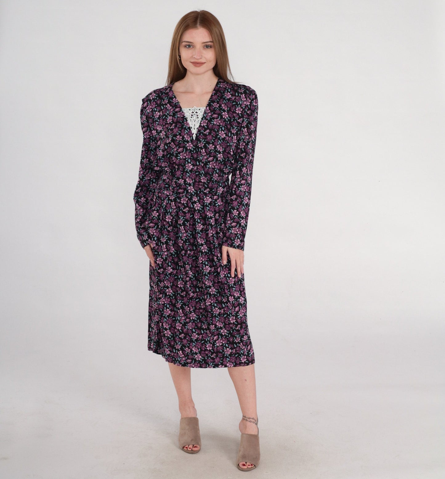 90s Karin Stevens Floral Midi Dress Purple Puff Sleeve V-Neck Small