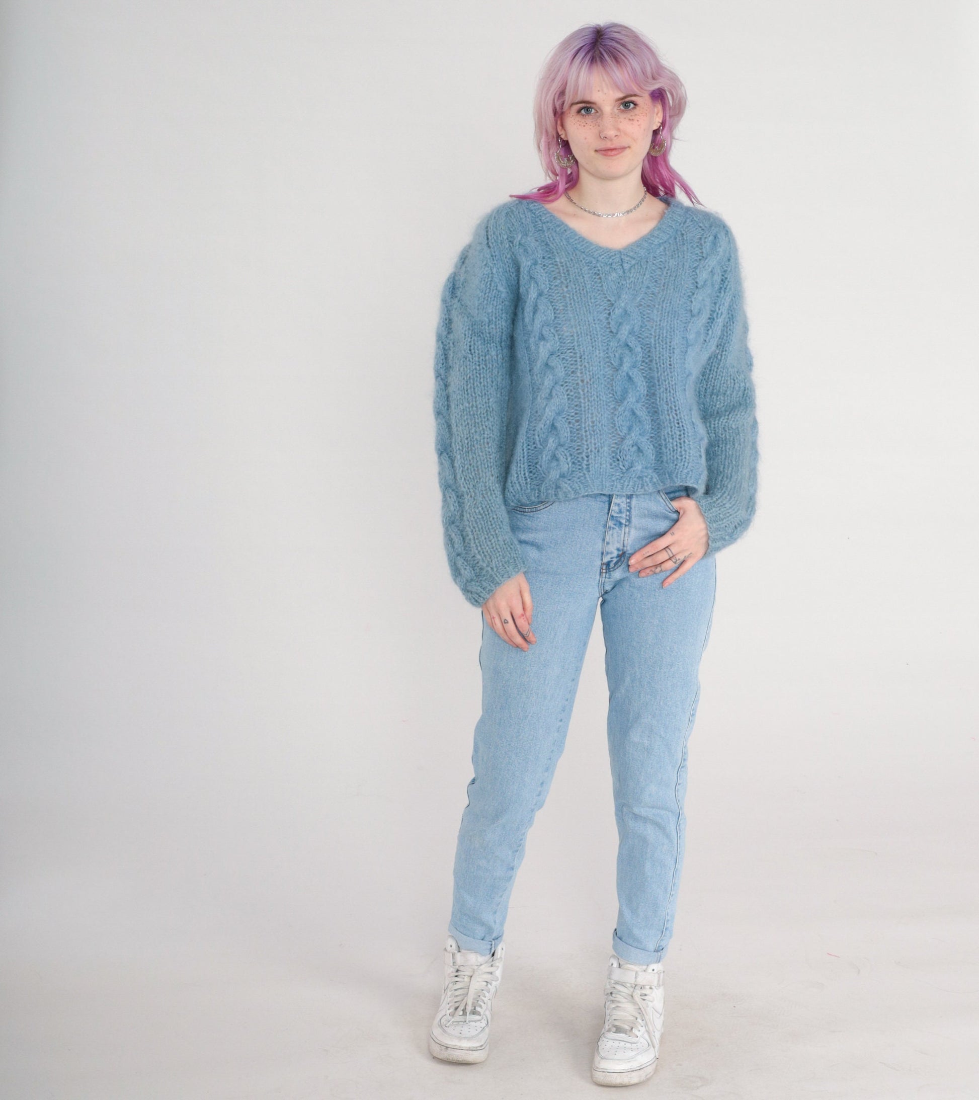 80s Blue Mohair Cable Knit V-Neck Sweater Open Weave Pullover Medium