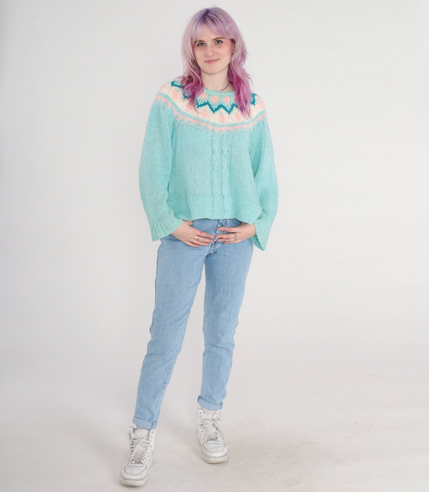 90s Hunters Glen Fair Isle Cable Knit Sweater Blue Pastel Large L